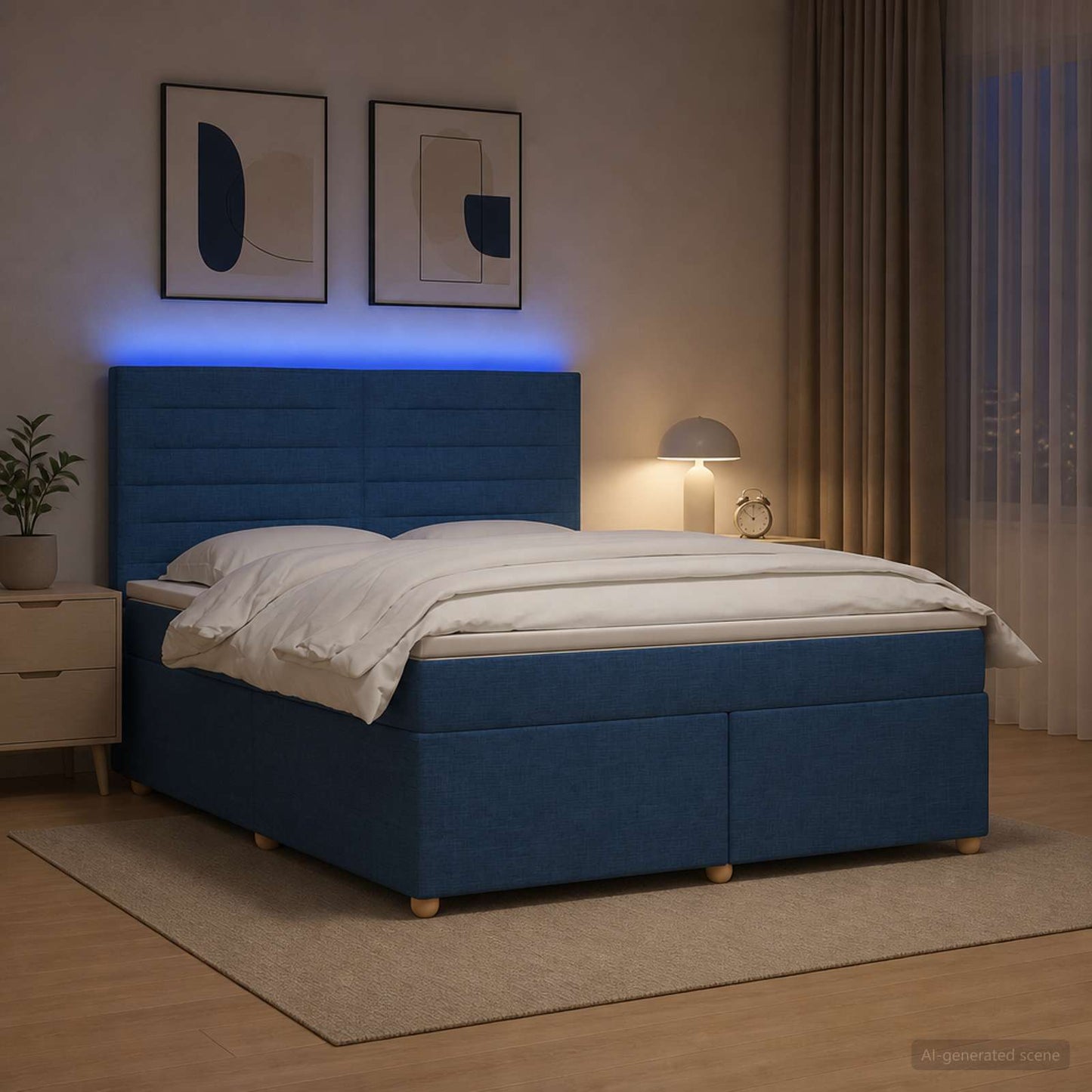 Boxspring ágy matraccal LED szalagokkal Kék 180 x 200 cm Szövet