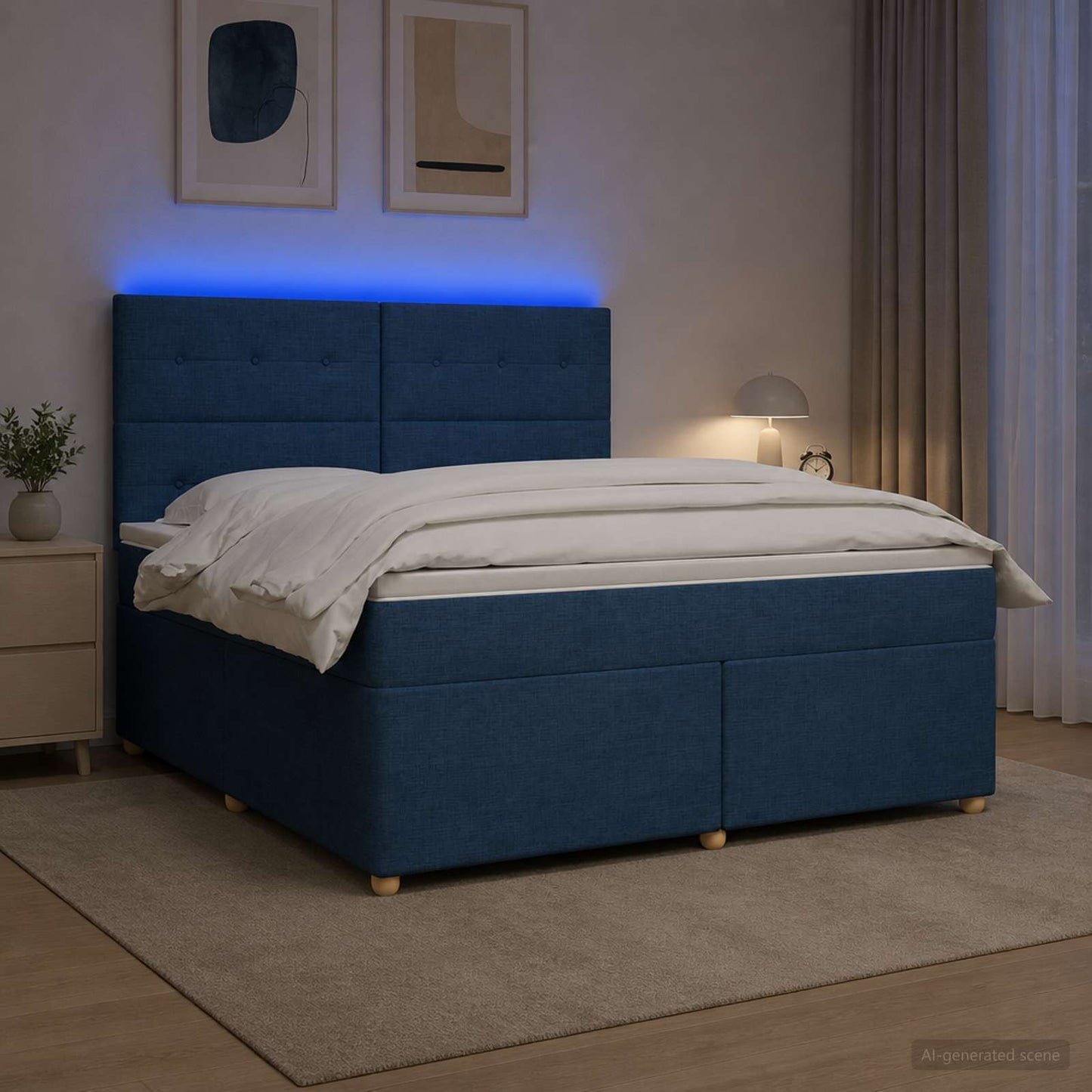 Boxspring ágy matraccal LED szalagokkal Kék 160 x 200 cm Szövet
