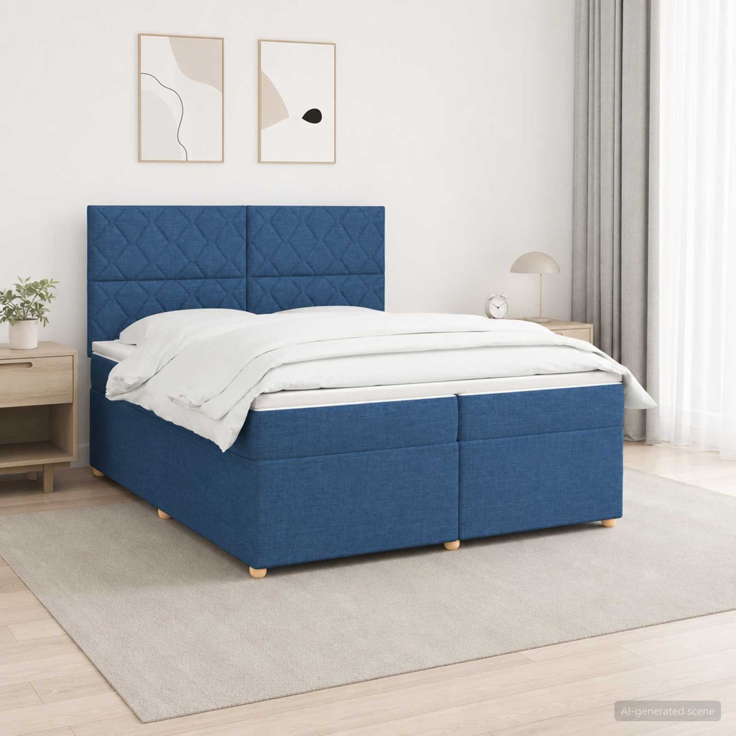 Boxspring ágy matraccal LED szalagokkal Kék 200 x 200 cm Szövet