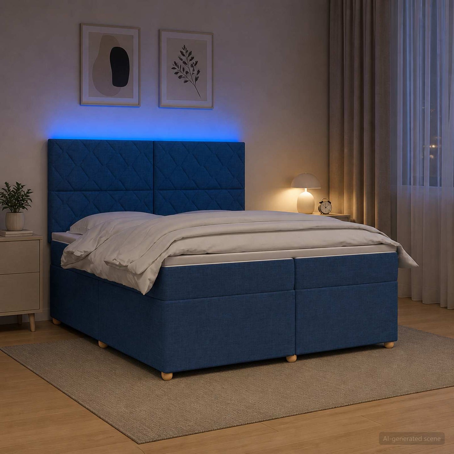 Boxspring ágy matraccal LED szalagokkal Kék 200 x 200 cm Szövet