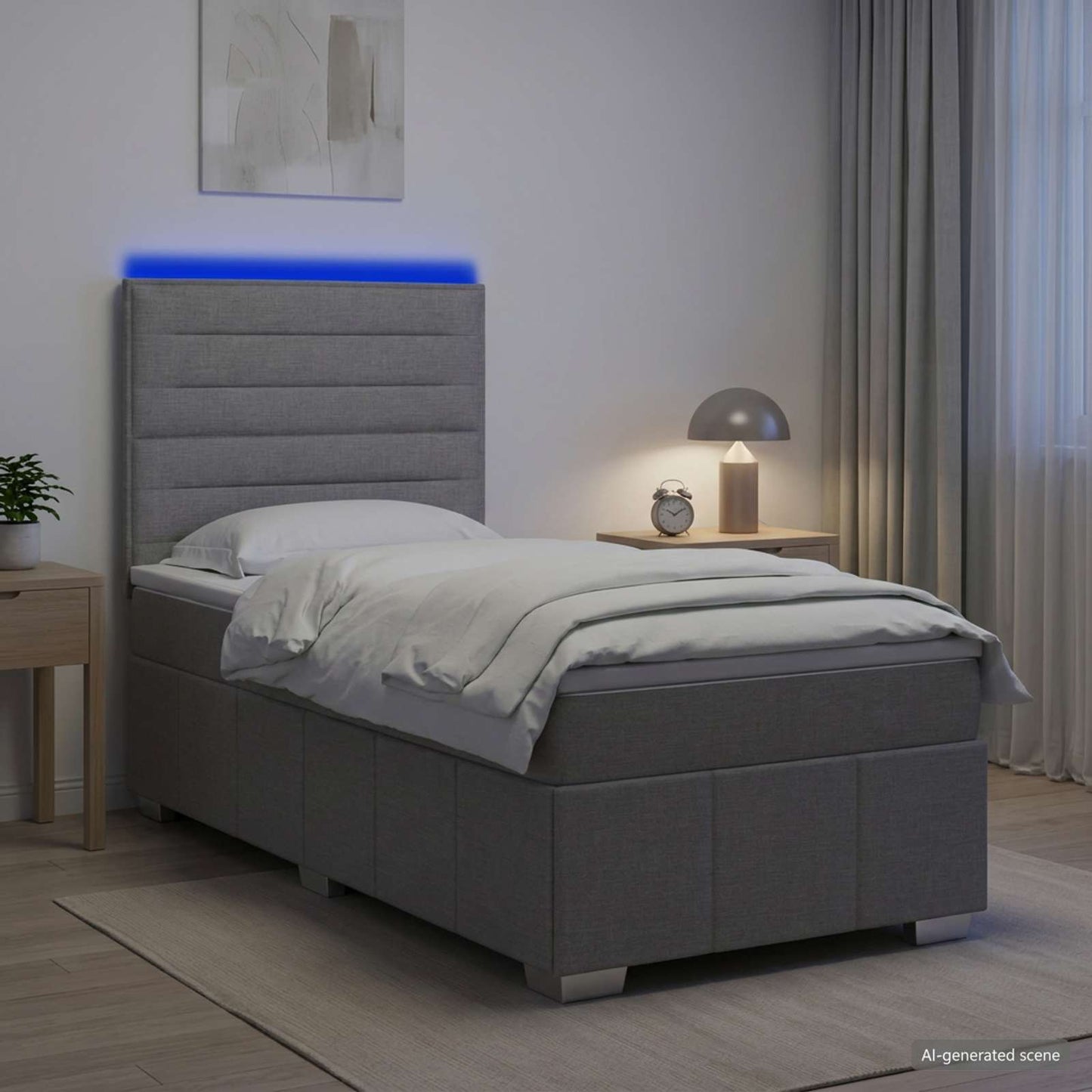 LED Boxspring Ágy Mattal Világosszürke 100 x 200 cm Szövet