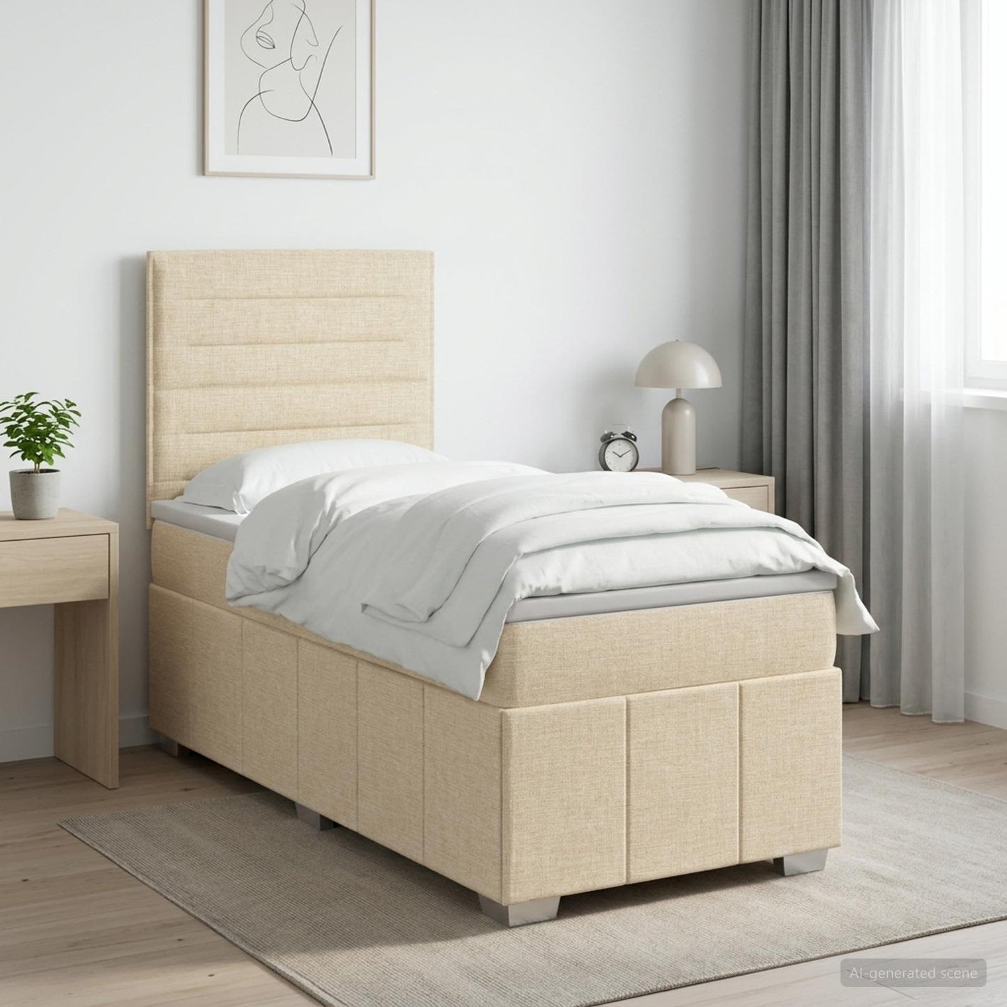LED Boxspring Ágy Mattal Krémszínű 100 x 200 cm Szövet