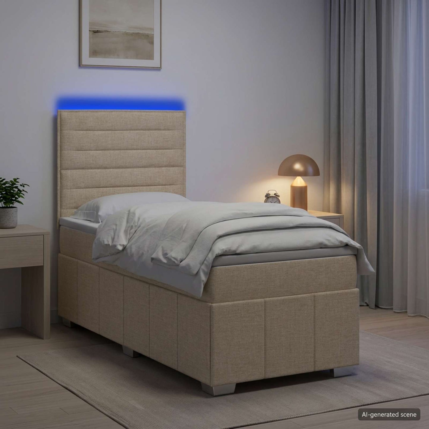 LED Boxspring Ágy Mattal Krémszínű 100 x 200 cm Szövet