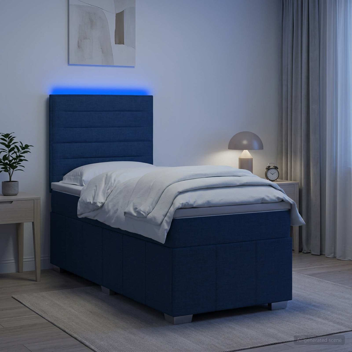 LED Boxspring Ágy Mattal LED szalagokkal Kék 90 x 200 cm Szövet