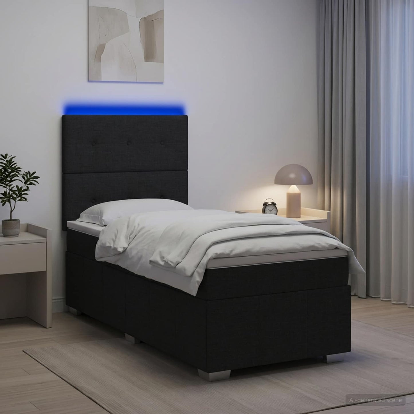 LED Boxspring Ágy Mattal fejtámlával Fekete 100 x 200 cm Szövet