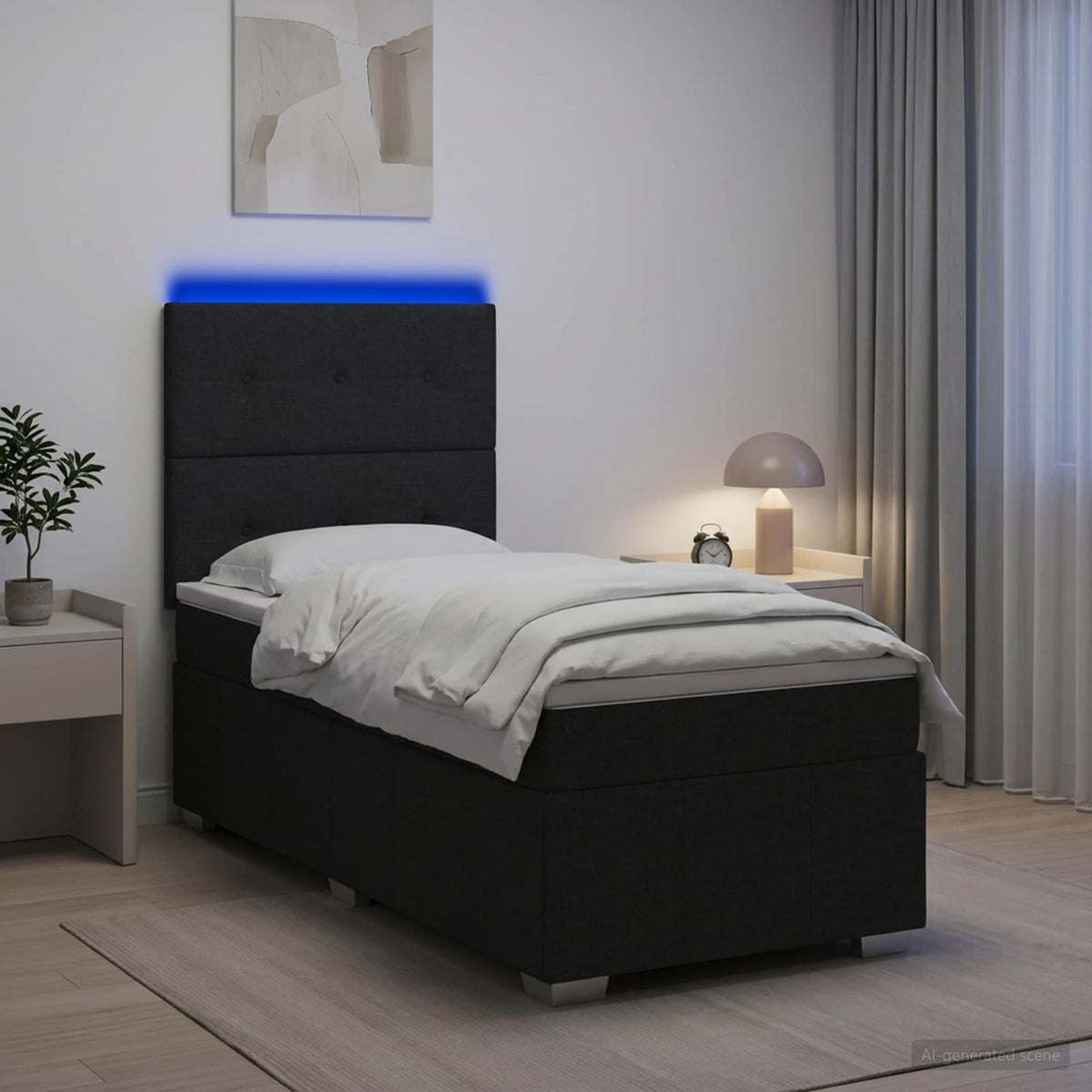 LED Boxspring Ágy Mattal fejtámlával Fekete 90 x 200 cm Szövet