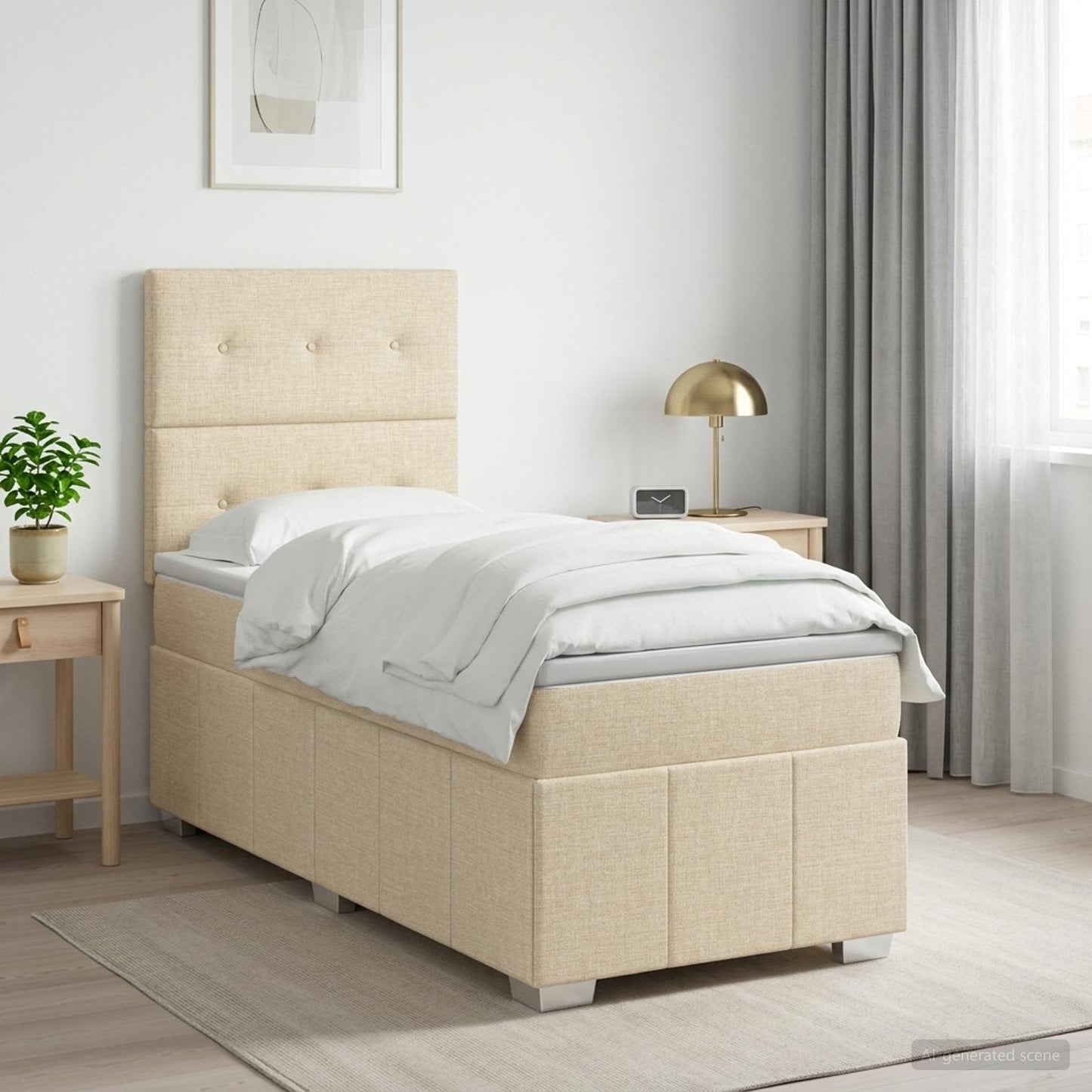 LED Boxspring Ágy Mattal Krémszínű 100 x 200 cm Szövet