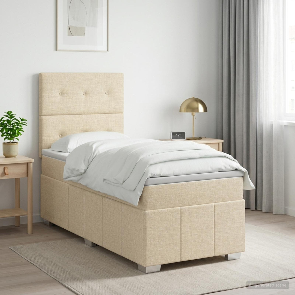 LED Boxspring Ágy Mattal Krémszínű 90 x 200 cm Szövet