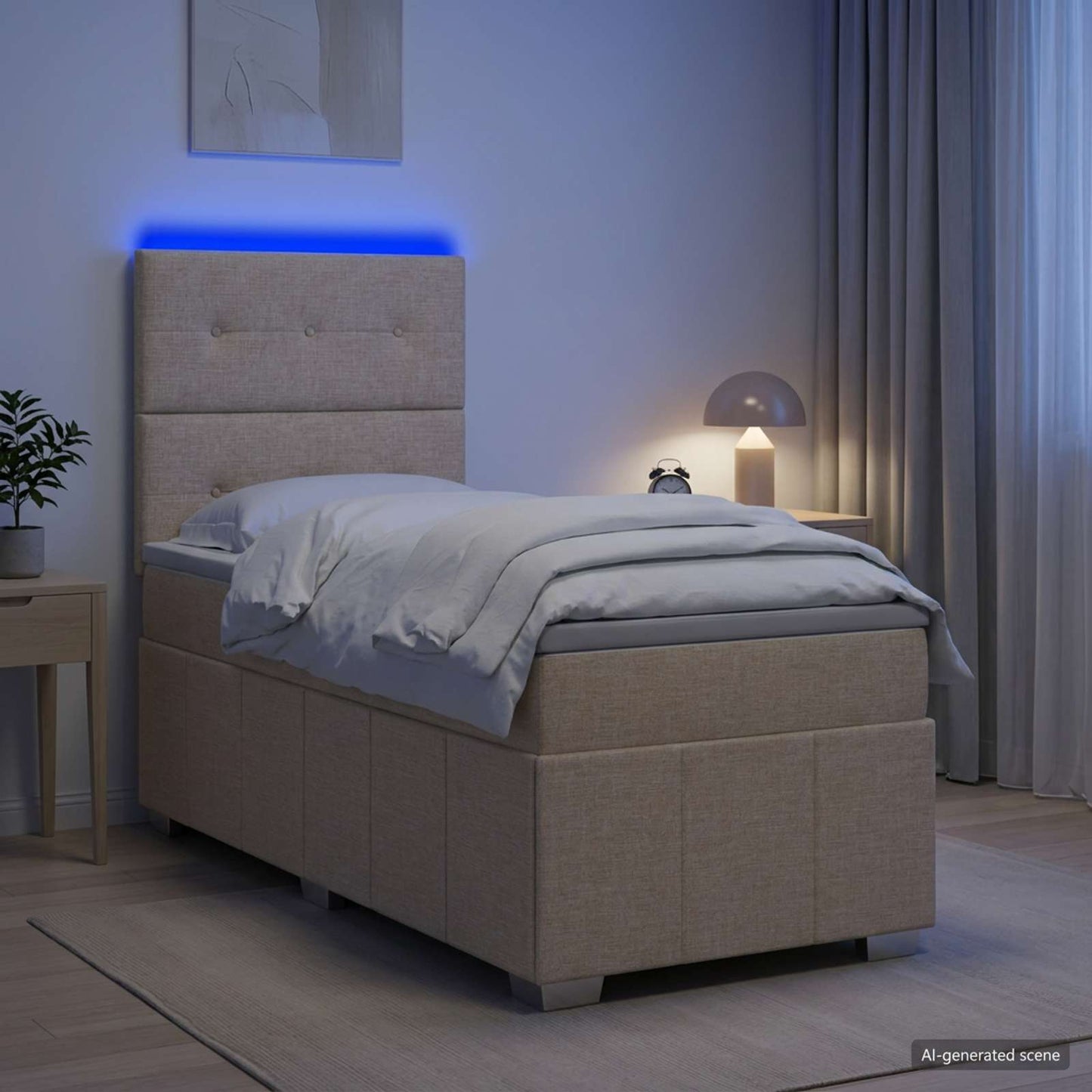 LED Boxspring Ágy Mattal Krémszínű 100 x 200 cm Szövet