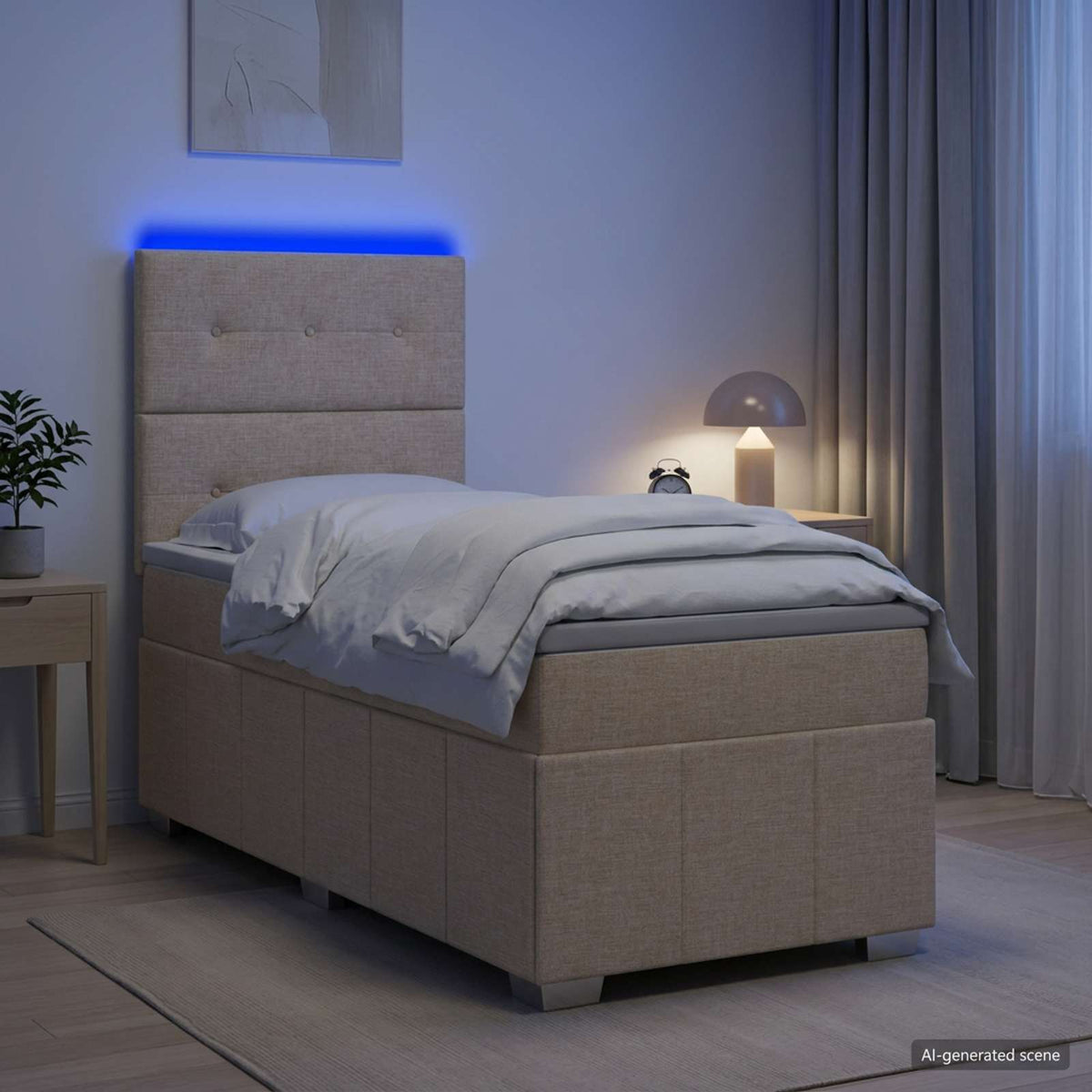 LED Boxspring Ágy Mattal Krémszínű 90 x 200 cm Szövet