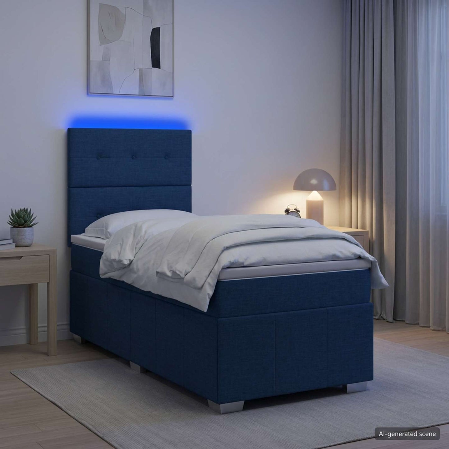 LED Boxspring Ágy Mattal LED szalagokkal Kék 90 x 200 cm Szövet