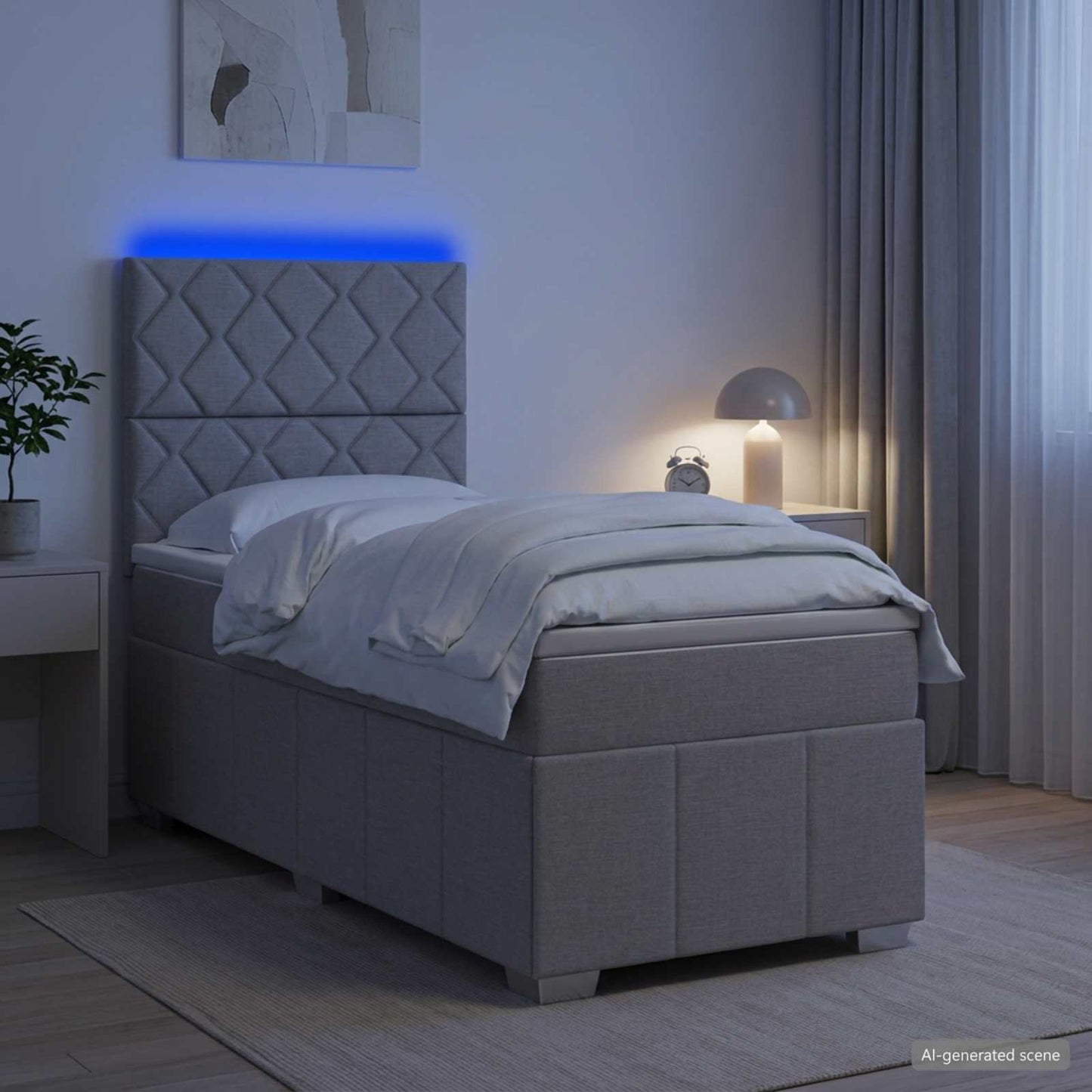 LED Boxspring Ágy Mattal Világosszürke 100 x 200 cm Szövet