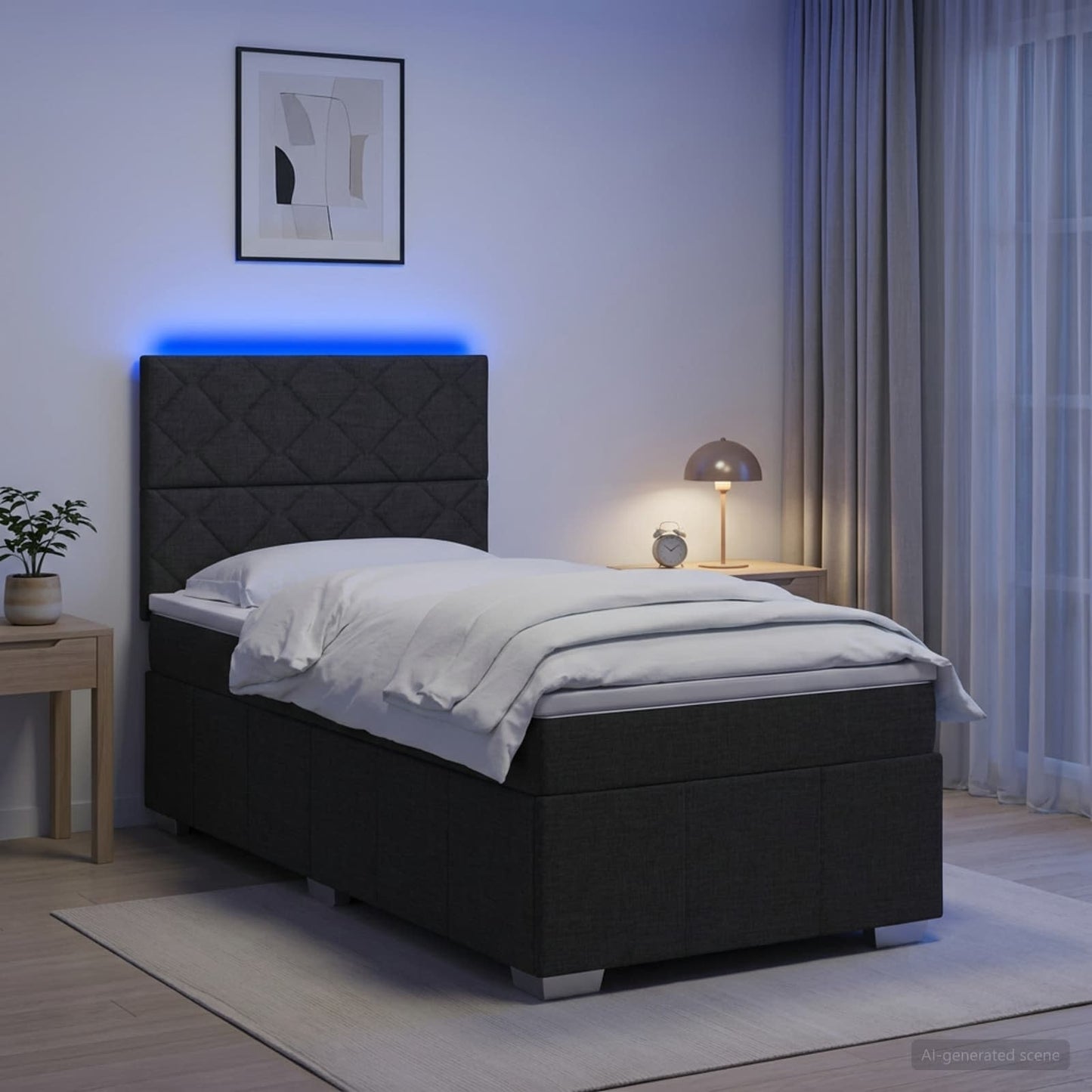LED Boxspring Ágy Mattal fejtámlával Fekete 90 x 200 cm Szövet
