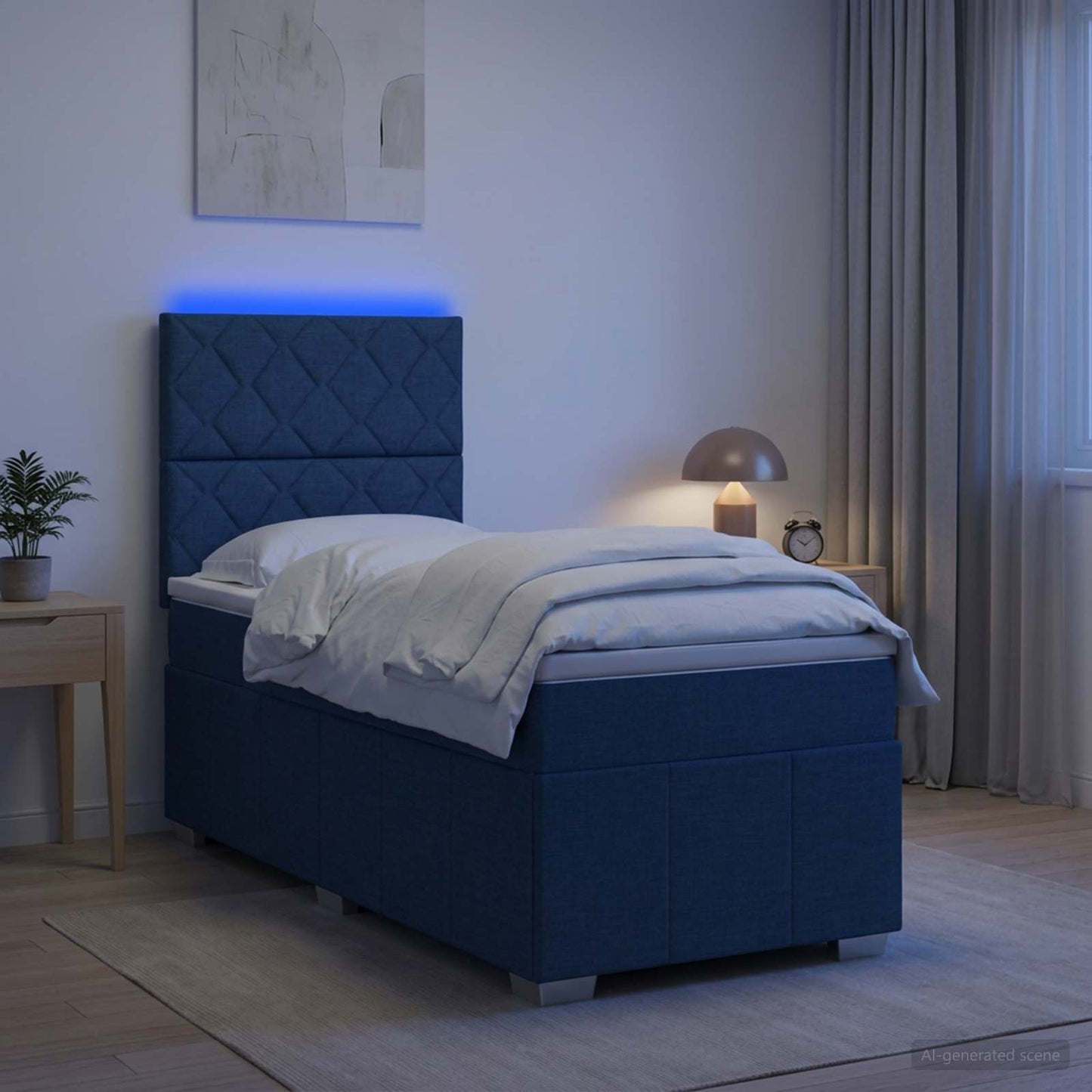 LED Boxspring Ágy Mattal fejtámlával Kék 100 x 200 cm Szövet