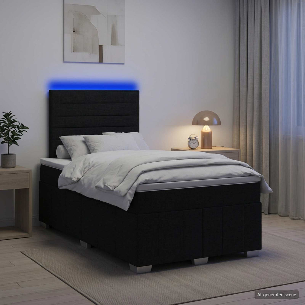 LED Boxspring Ágy Mattal fejtámlával Fekete 120 x 190 cm Szövet