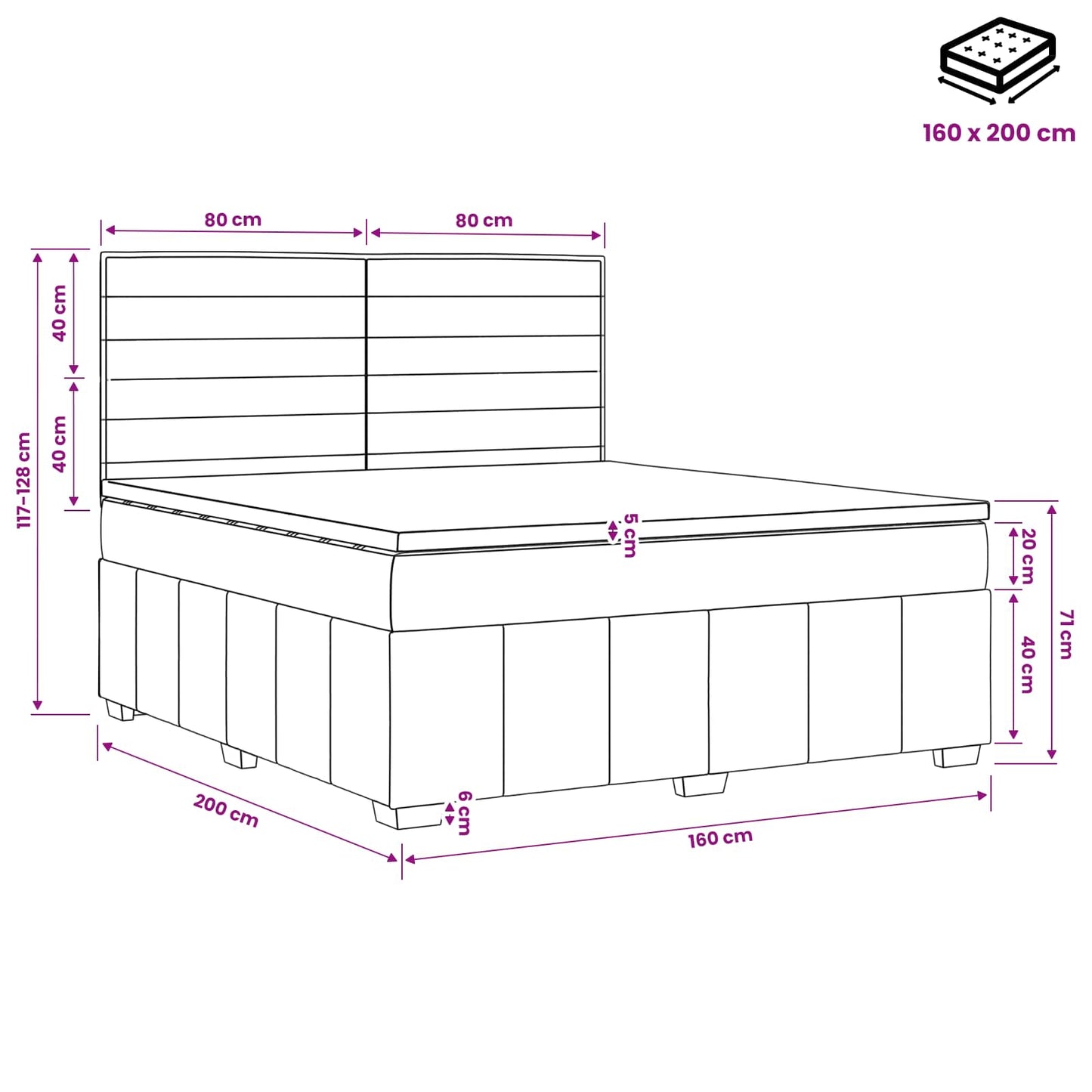 LED Boxspring Ágy Mattal fejtámlával Fekete 160 x 200 cm Szövet