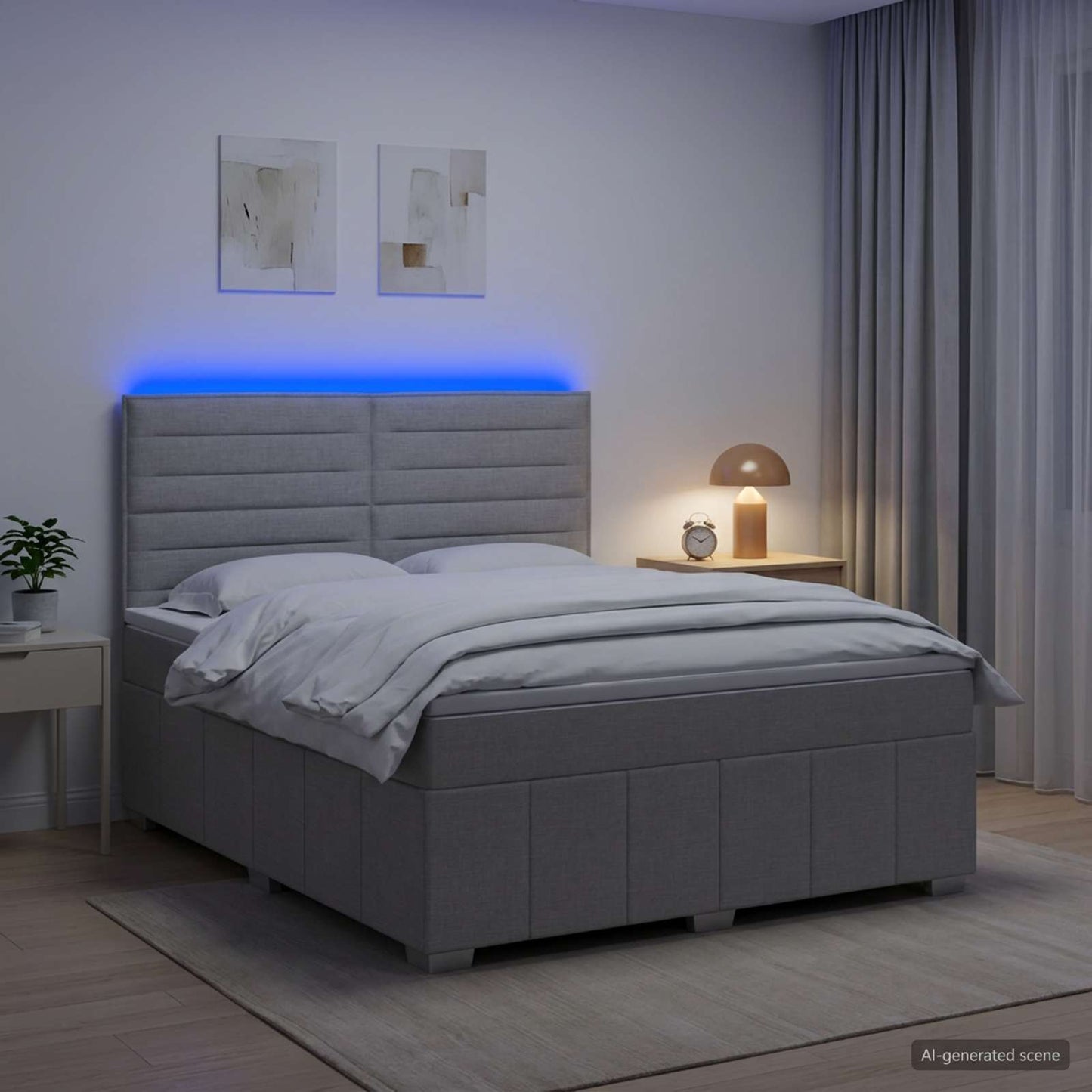 LED Boxspring Ágy Mattal Világosszürke 140 x 200 cm Szövet