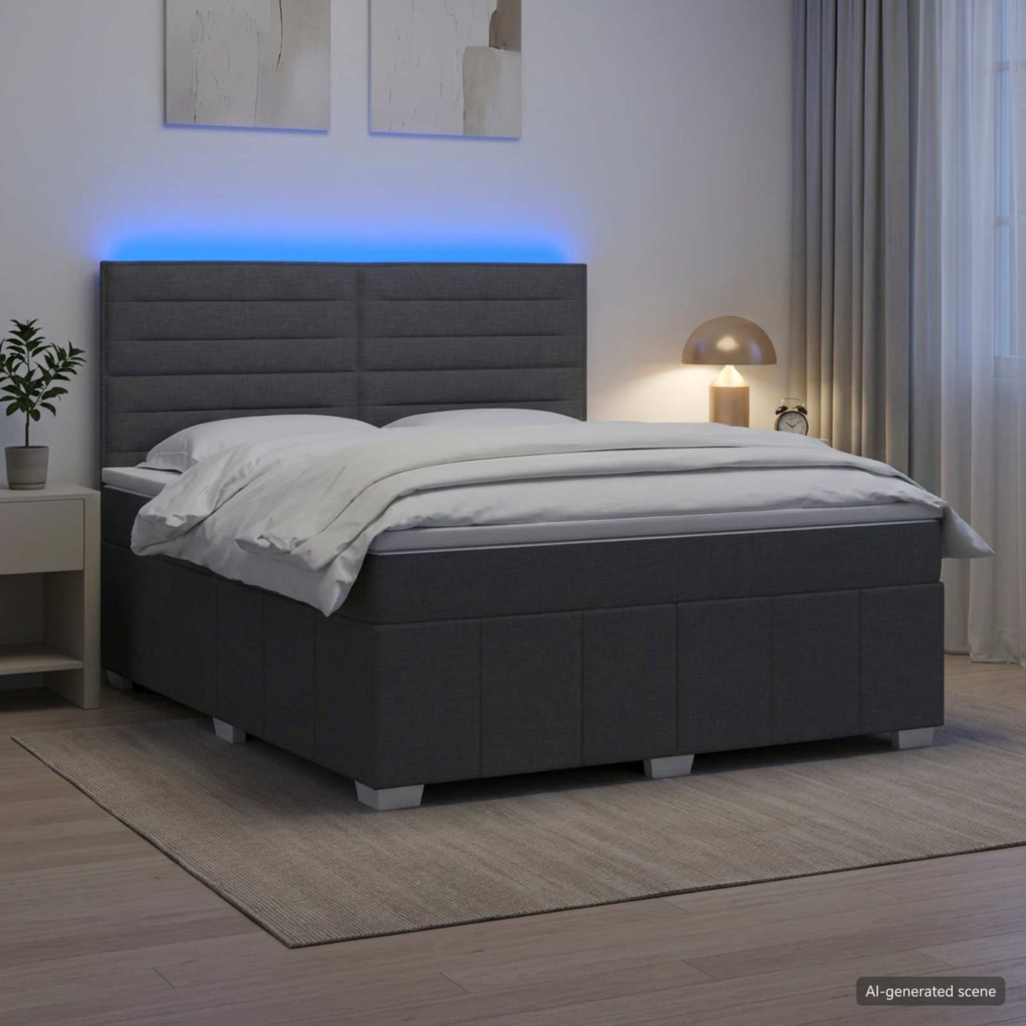 LED Boxspring Ágy Mattal Sötétszürke 160 x 200 cm Szövet