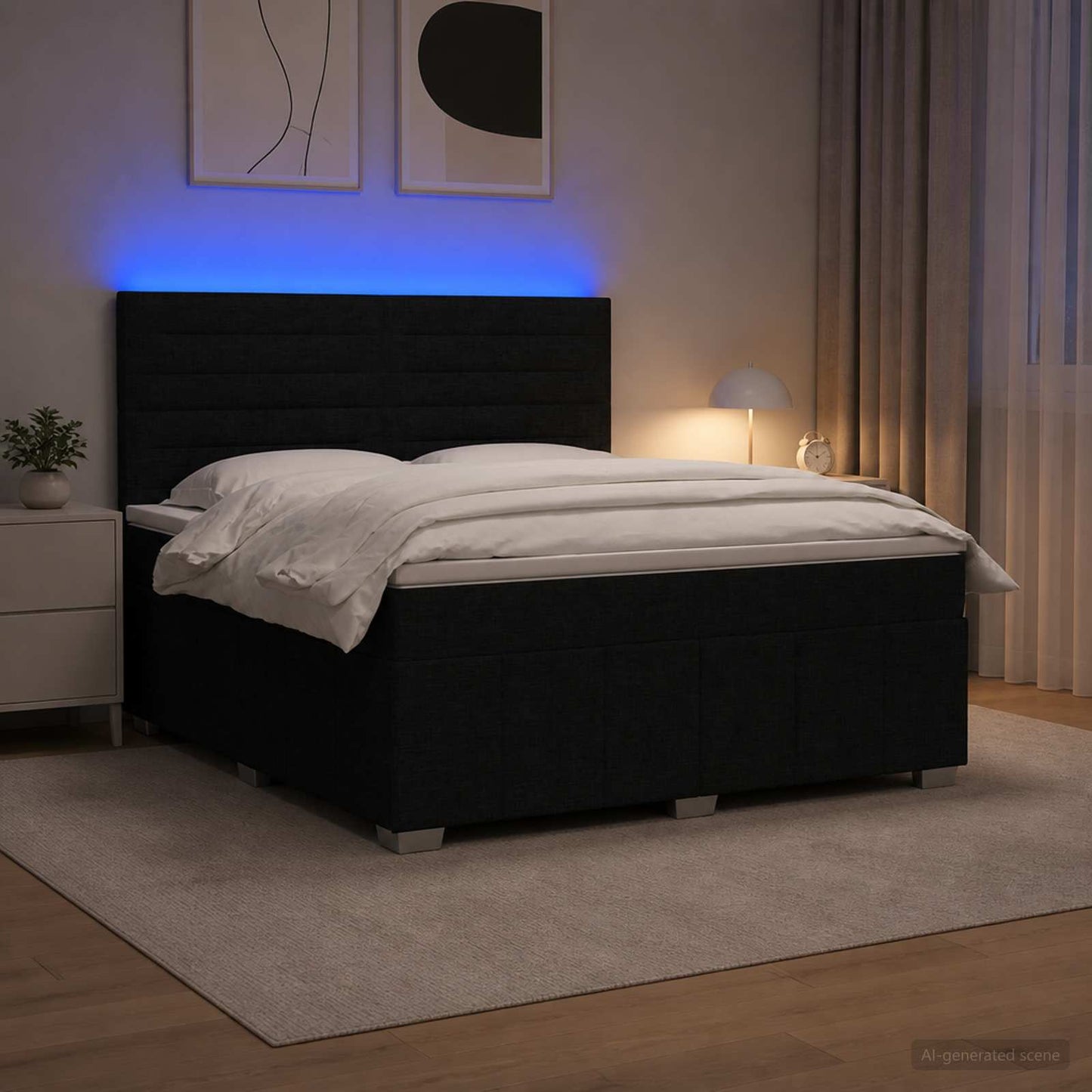 LED Boxspring Ágy Mattal fejtámlával Fekete 140 x 190 cm Szövet