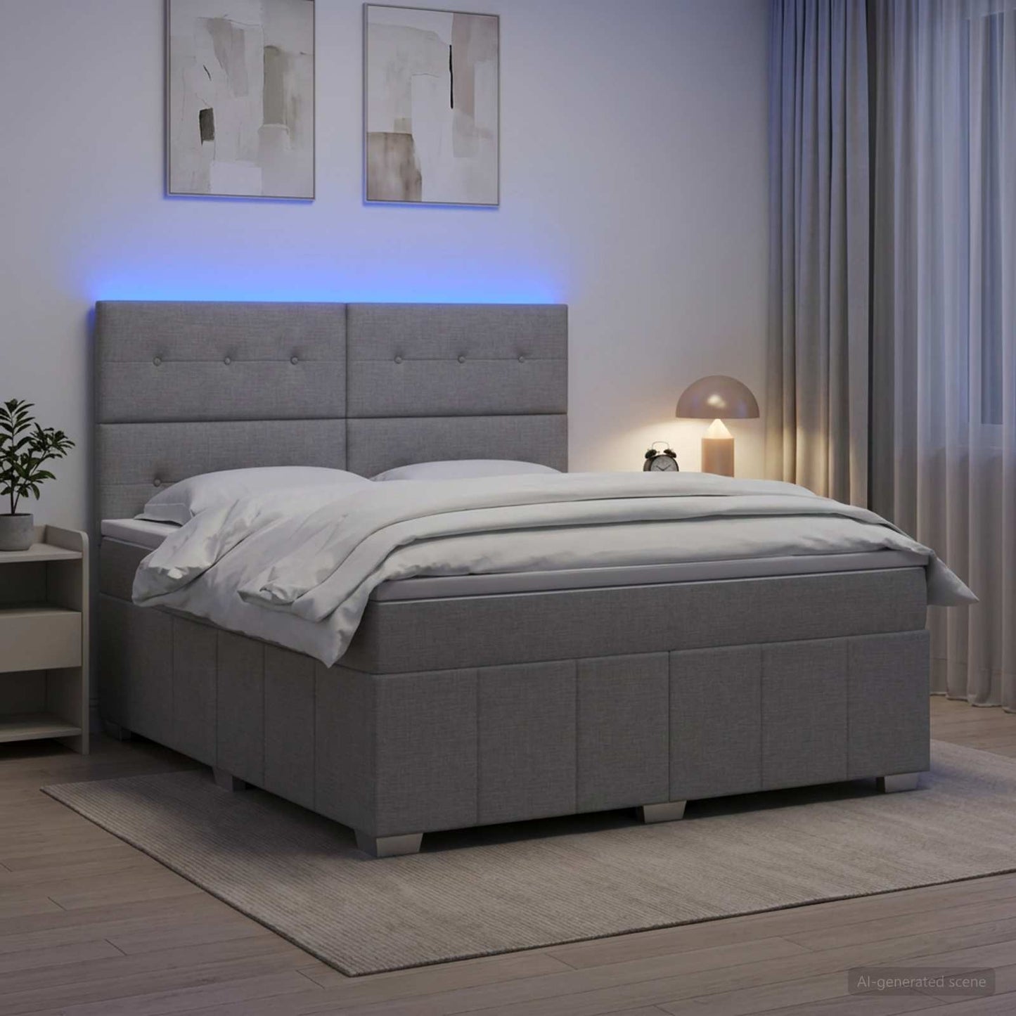 LED Boxspring Ágy Mattal Világosszürke 160 x 200 cm Szövet