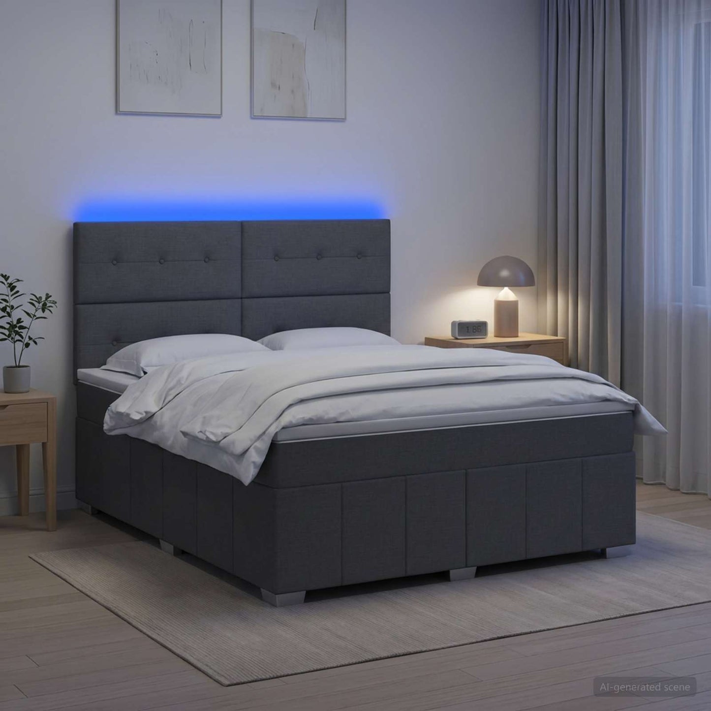 LED Boxspring Ágy Mattal Sötétszürke 140 x 200 cm Szövet