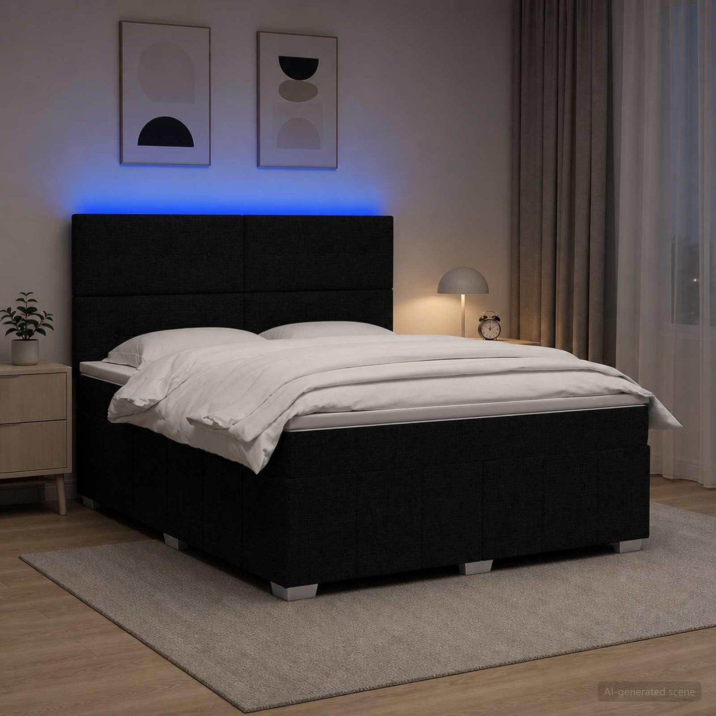 LED Boxspring Ágy Mattal fejtámlával Fekete 140 x 190 cm Szövet
