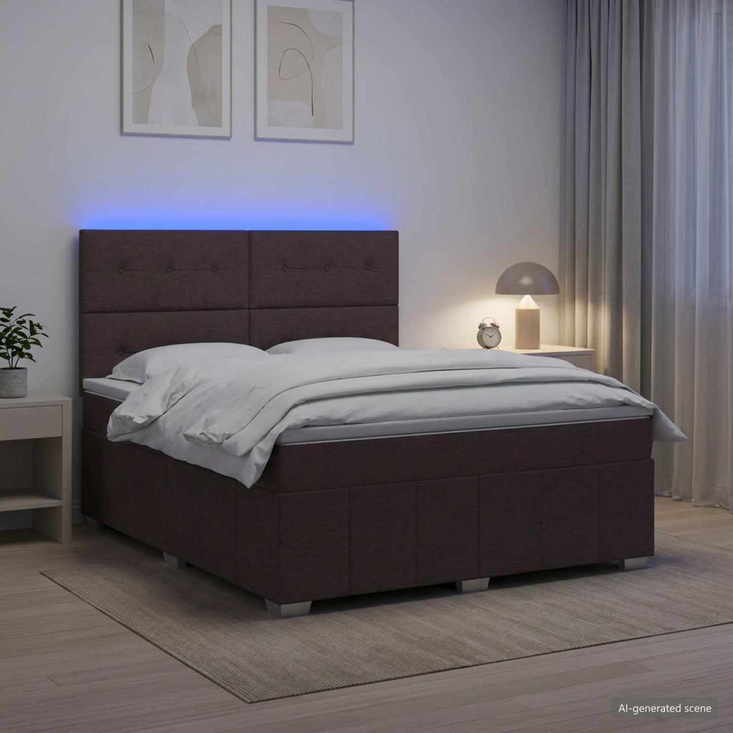 LED Boxspring Ágy Mattal Sötét Barna 140 x 200 cm Szövet