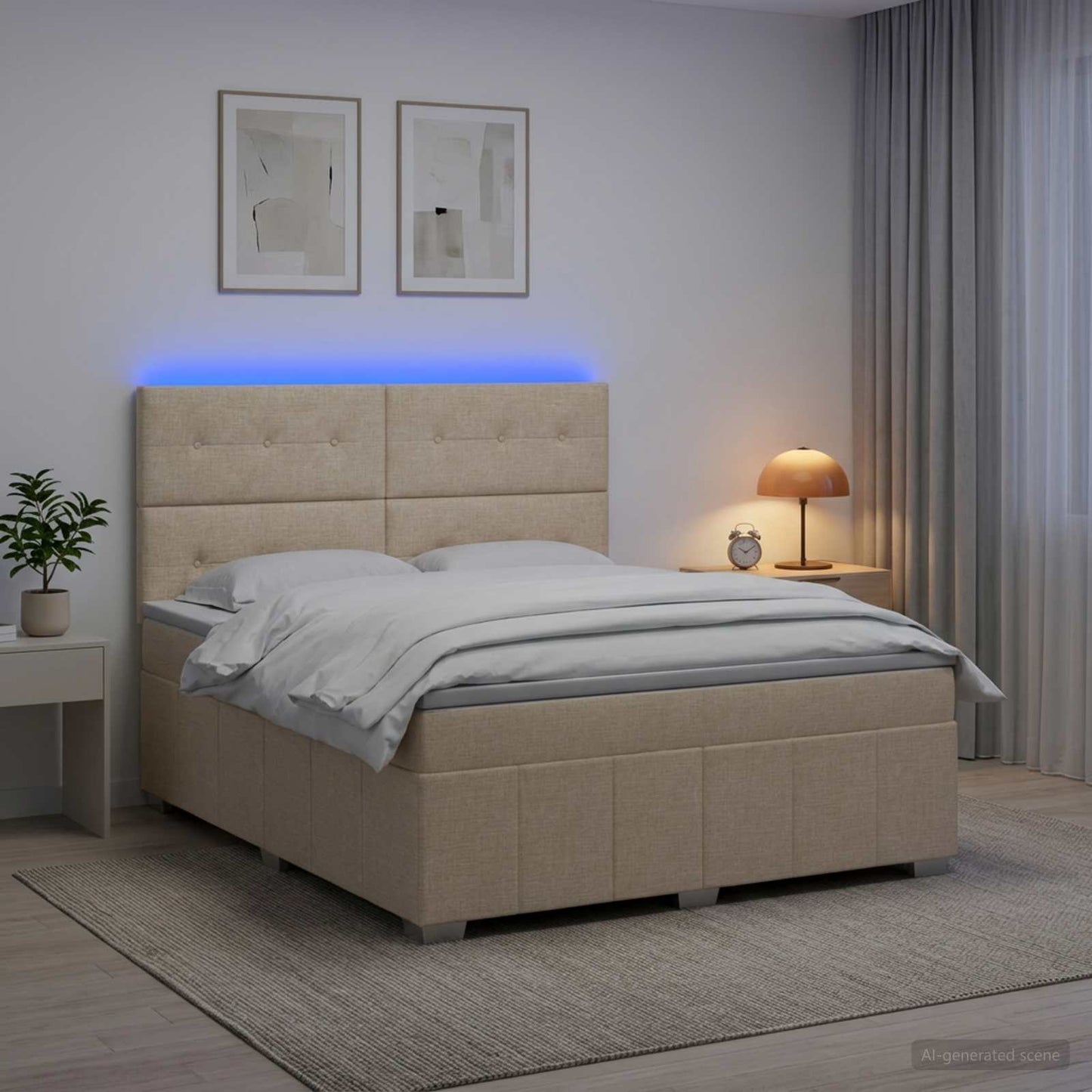LED Boxspring Ágy Mattal Krémszínű 140 x 200 cm Szövet