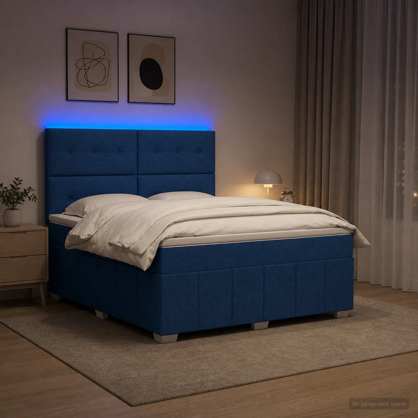 LED Boxspring Ágy Mattal fejtámlával Kék 140 x 200 cm Szövet