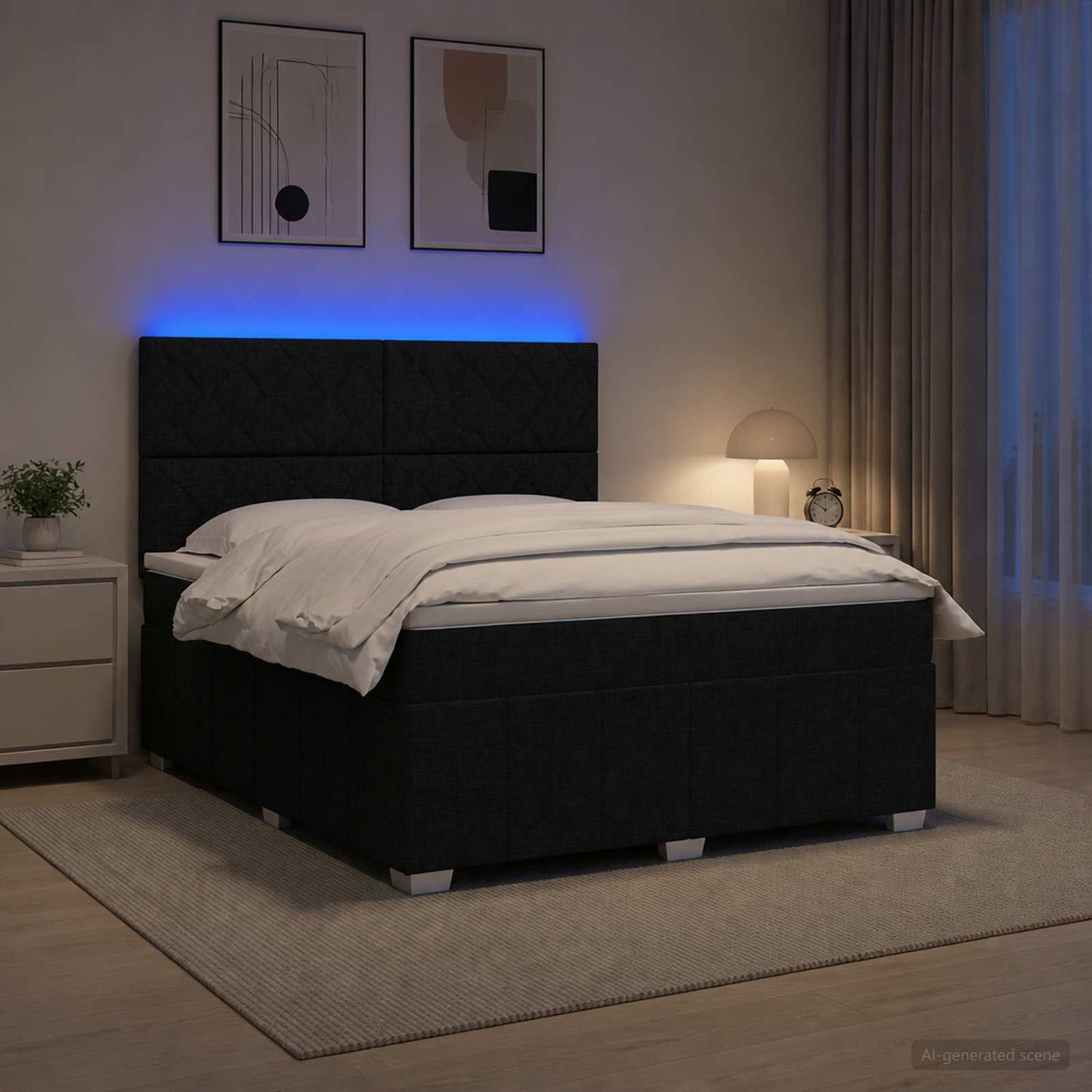 LED Boxspring Ágy Mattal fejtámlával Fekete 180 x 200 cm Szövet