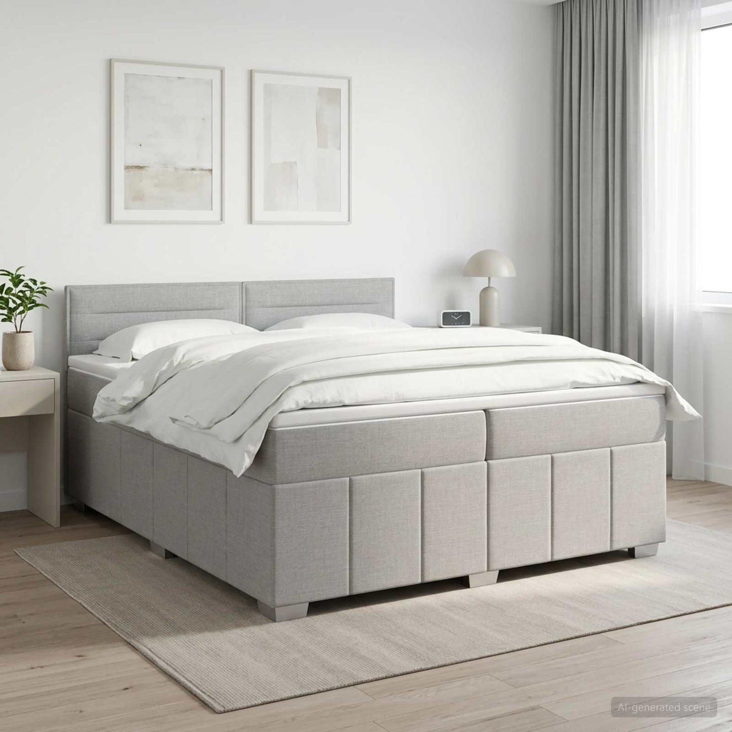 LED Boxspring Ágy Mattal Világosszürke 200 x 200 cm Szövet