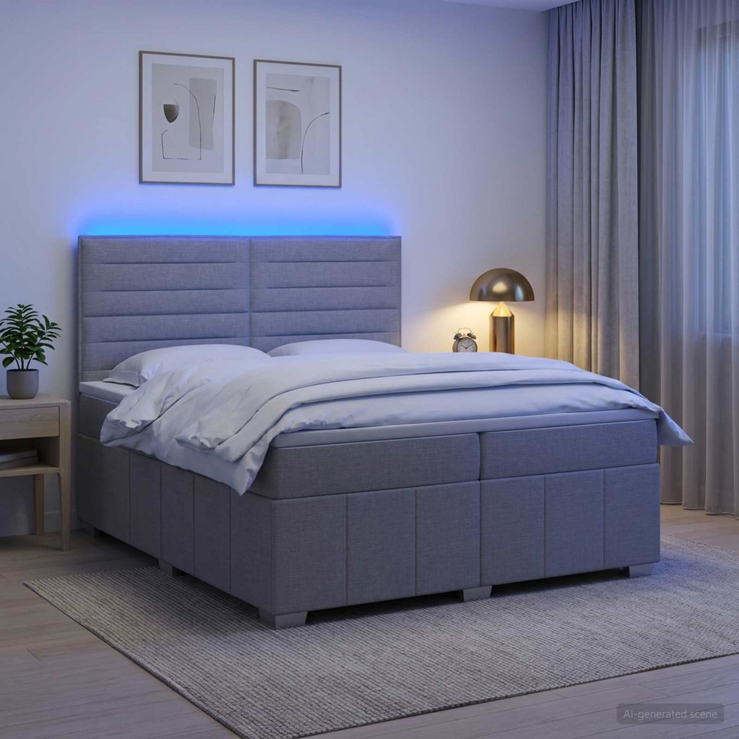LED Boxspring Ágy Mattal Világosszürke 200 x 200 cm Szövet