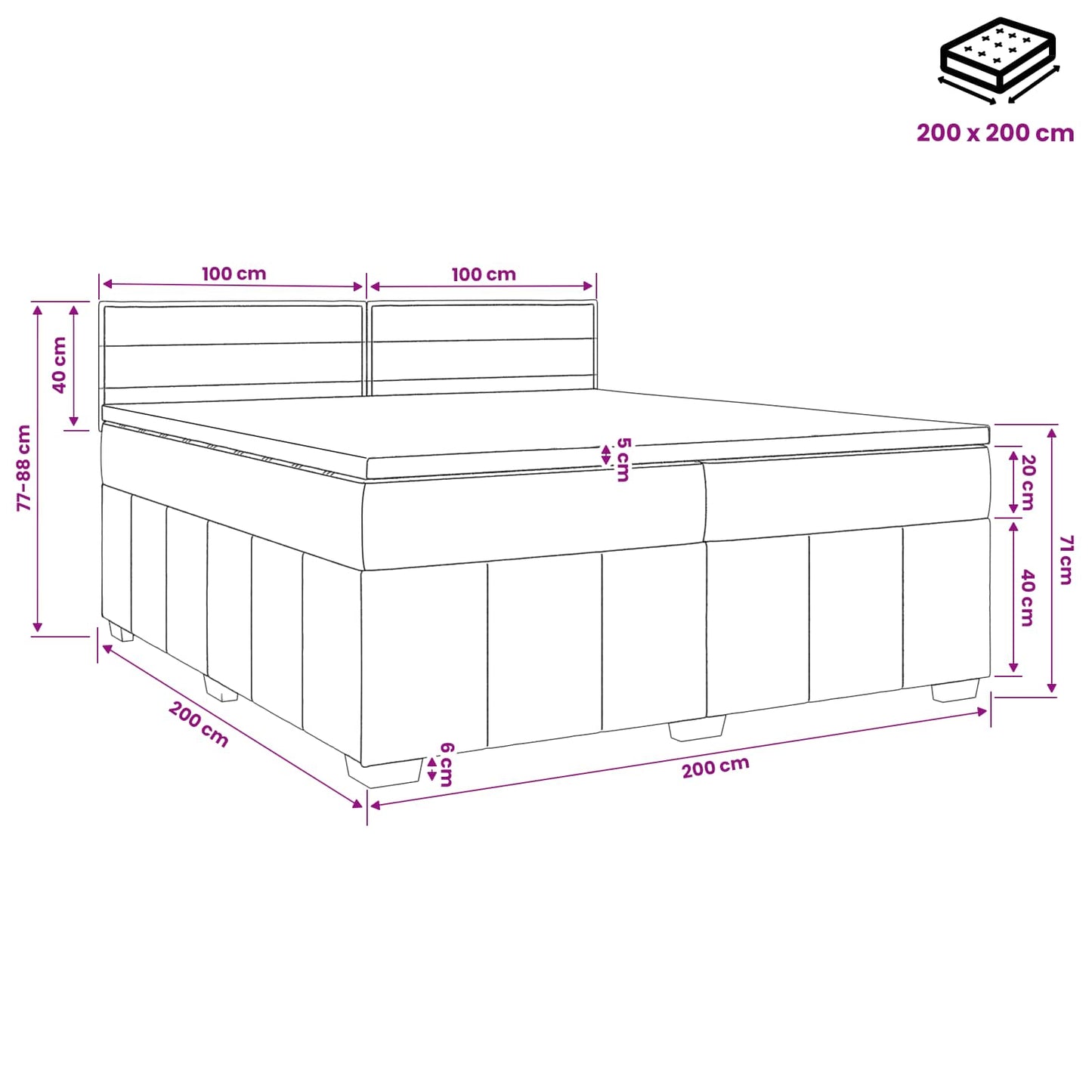 LED Boxspring Ágy Mattal Világosszürke 200 x 200 cm Szövet