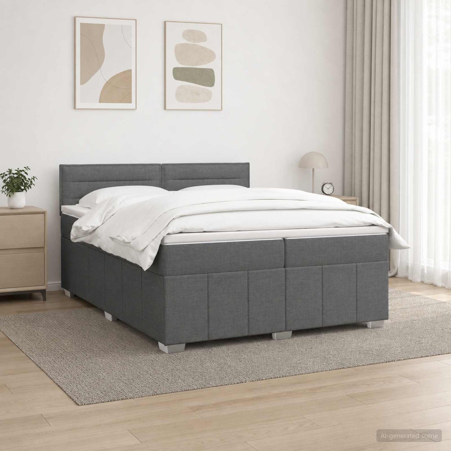 LED Boxspring Ágy Mattal Sötétszürke 200 x 200 cm Szövet