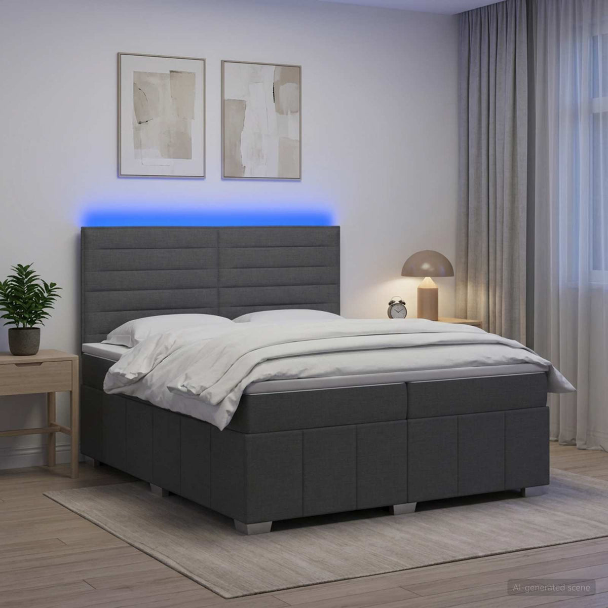 LED Boxspring Ágy Mattal Sötétszürke 200 x 200 cm Szövet