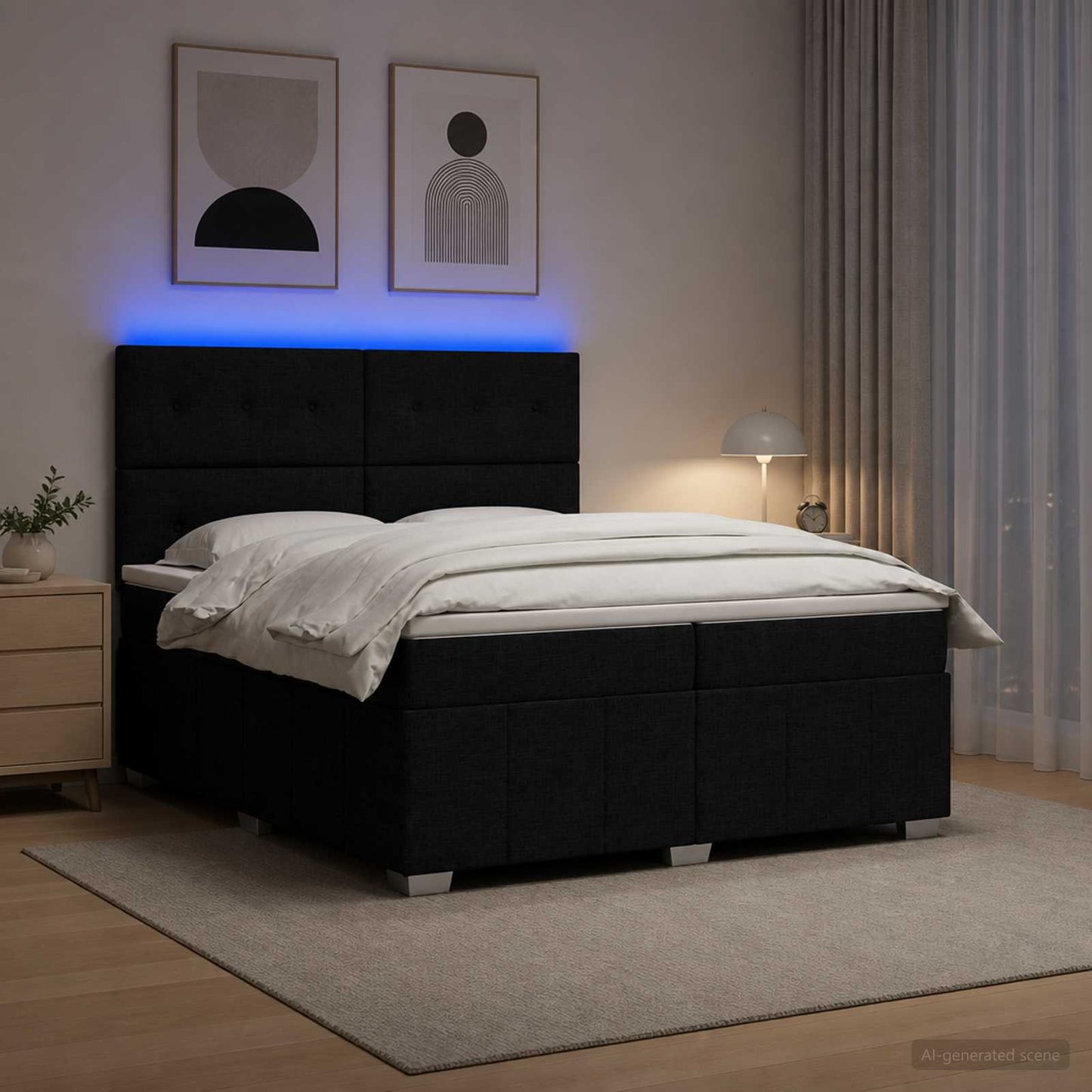 LED Boxspring Ágy Mattal fejtámlával Fekete 200 x 200 cm Szövet