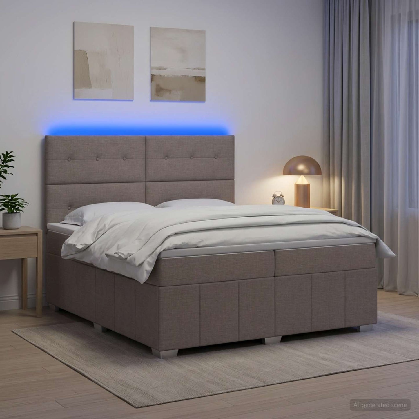 LED Boxspring Ágy Mattal Tópszínű 200 x 200 cm Szövet