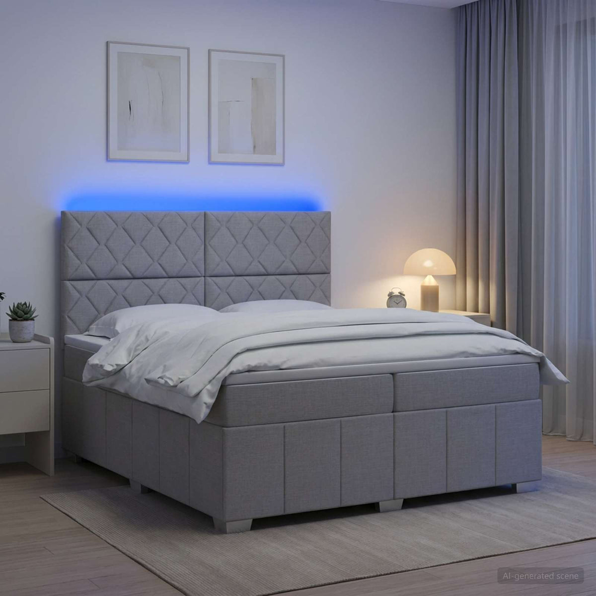 LED Boxspring Ágy Mattal Világosszürke 200 x 200 cm Szövet