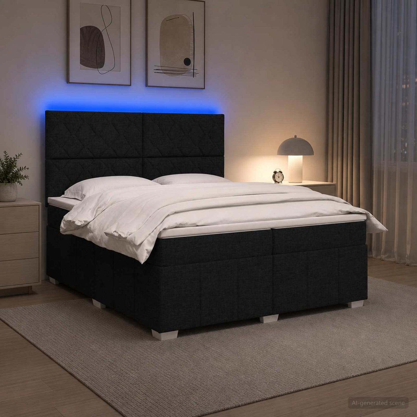 LED Boxspring Ágy Mattal fejtámlával Fekete 200 x 200 cm Szövet