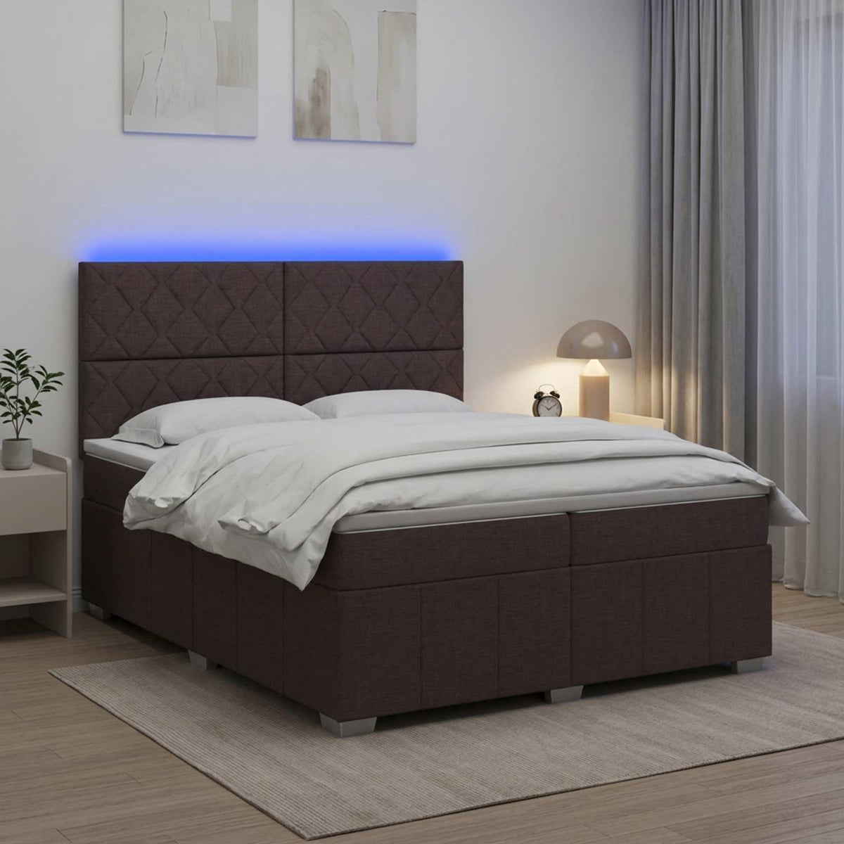 LED Boxspring Ágy Mattal Sötét Barna 200 x 200 cm Szövet