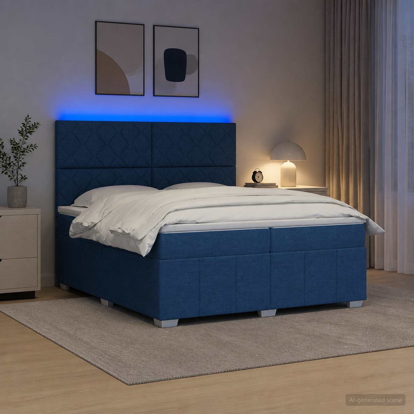 LED Boxspring Ágy Mattal fejtámlával Kék 200 x 200 cm Szövet
