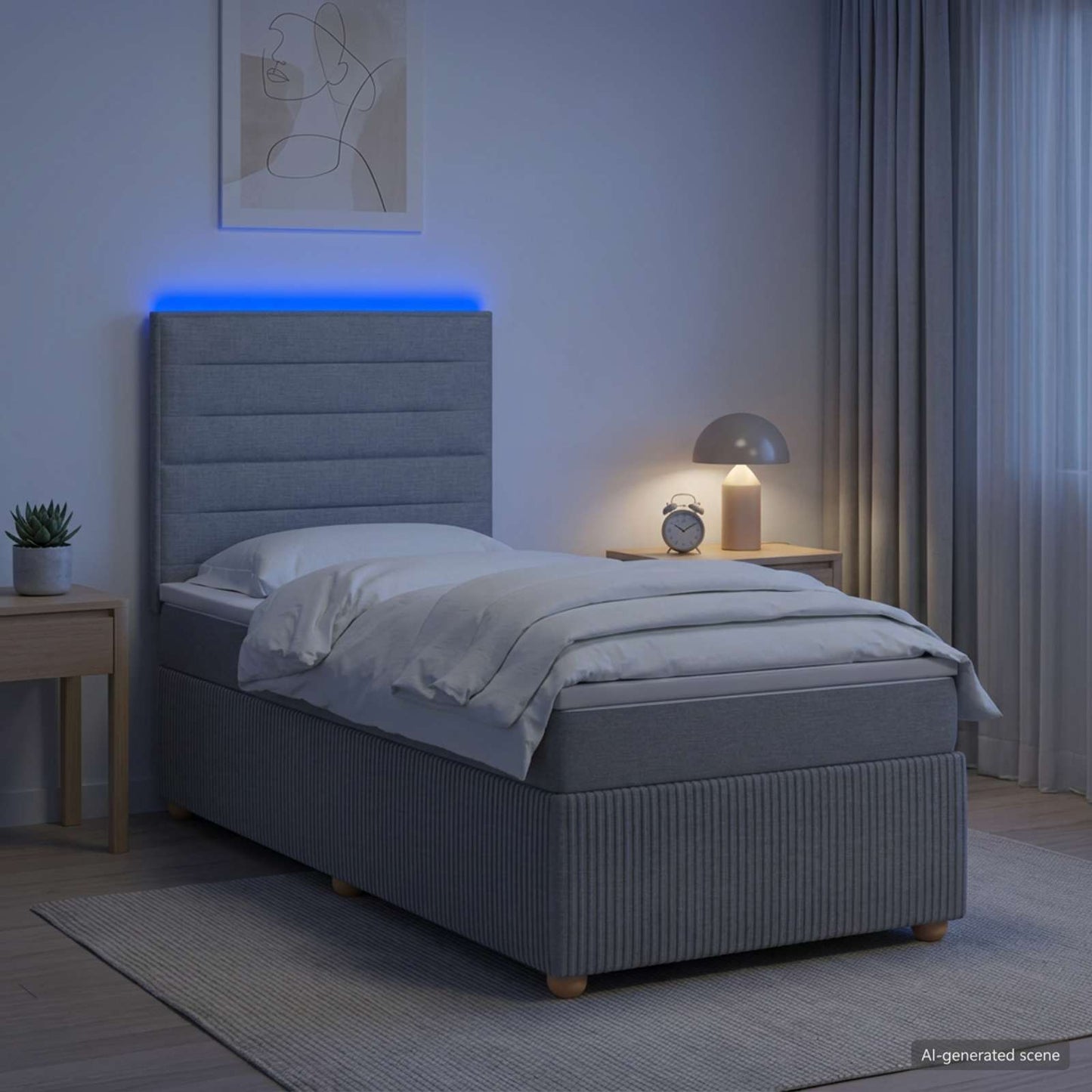 LED Boxspring Ágy Mattal Világosszürke 100 x 200 cm Szövet