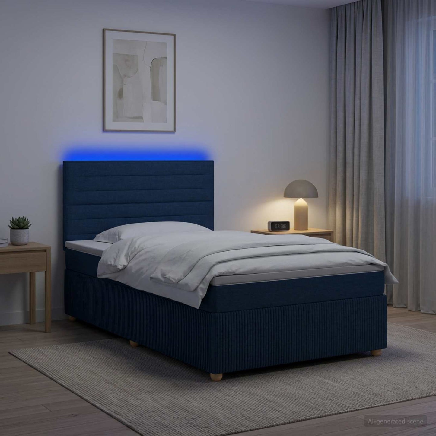 LED Boxspring Ágy Mattal LED szalagokkal Kék 90 x 190 cm Szövet