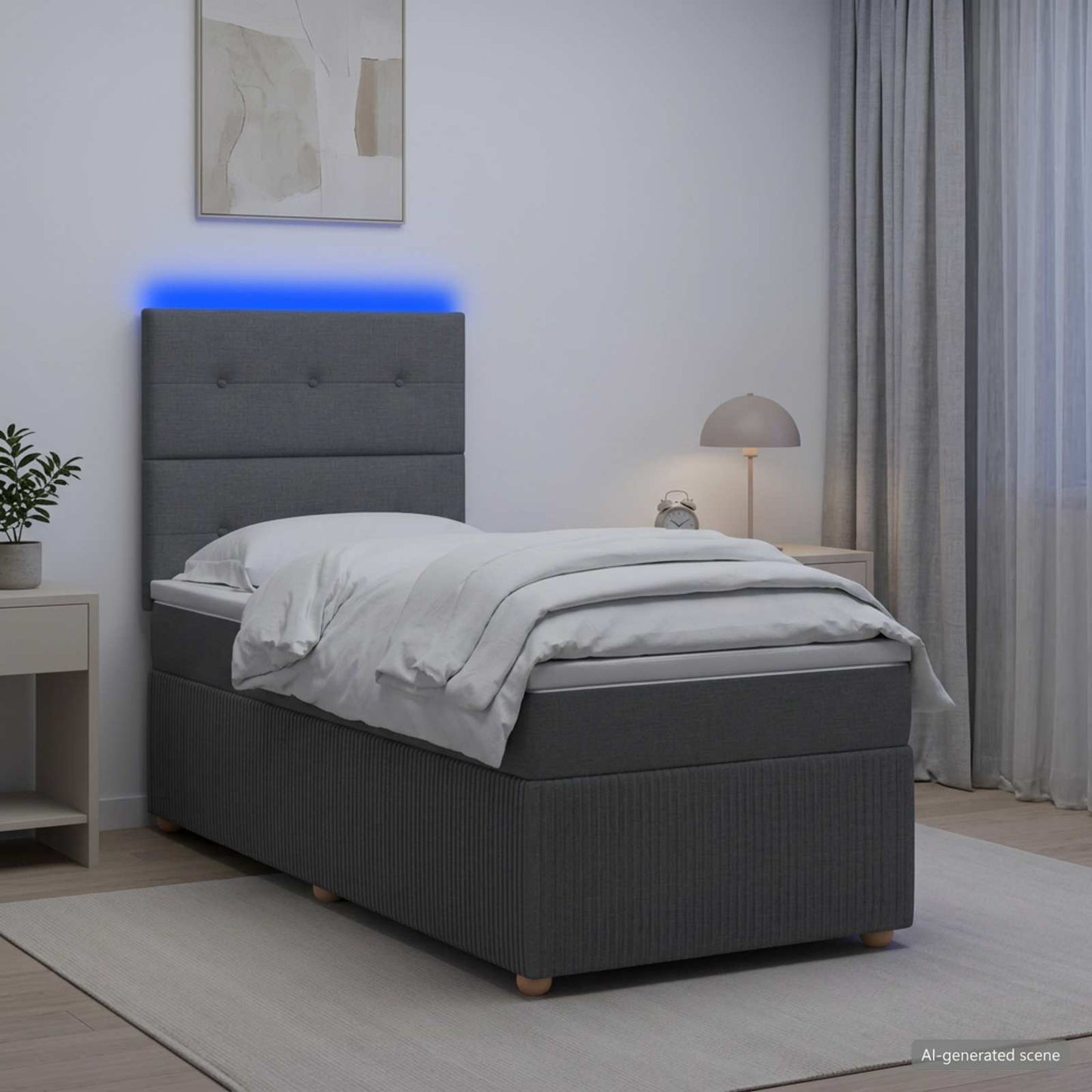 LED Boxspring Ágy Mattal Sötétszürke 100 x 200 cm Szövet