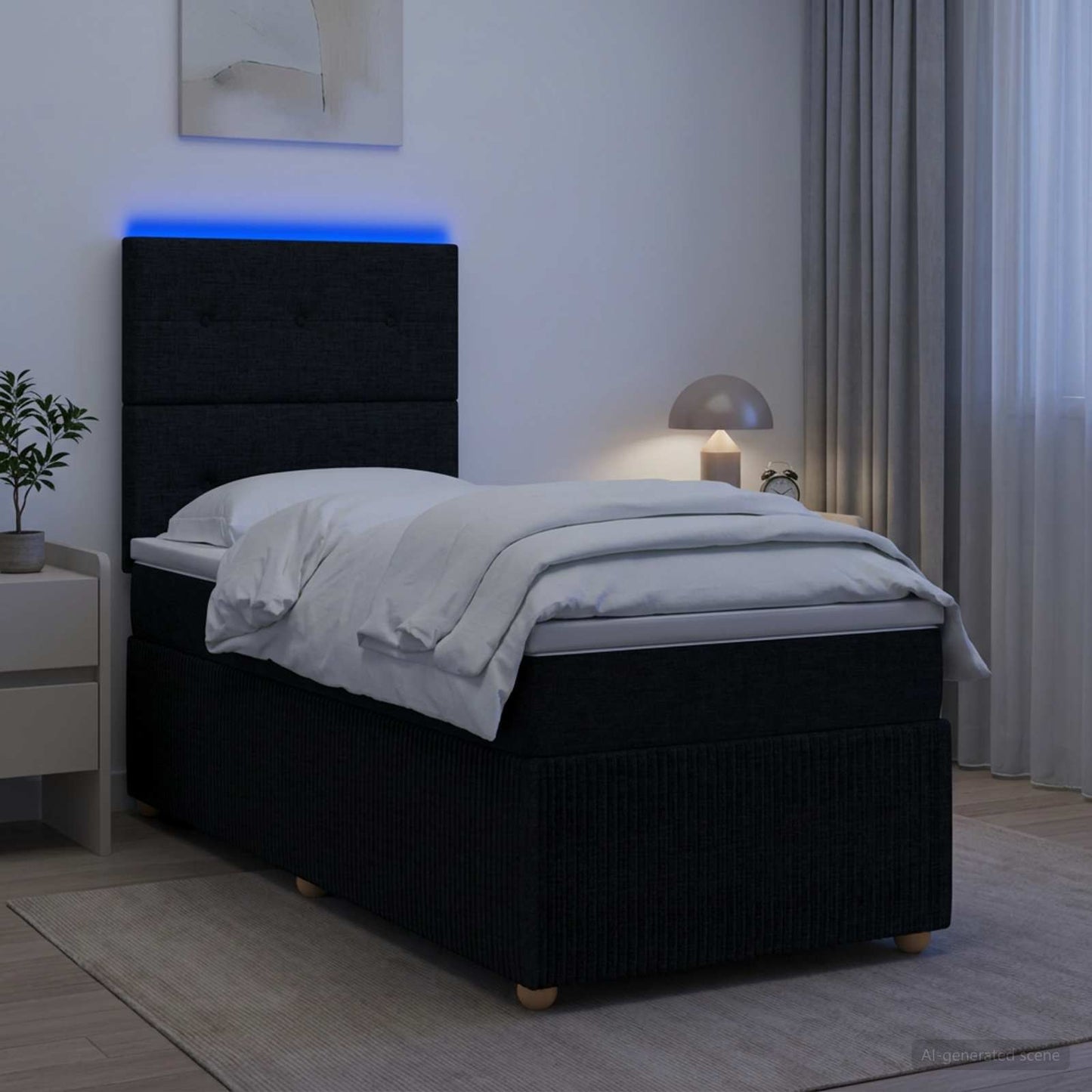 LED Boxspring Ágy Mattal fejtámlával Fekete 100 x 200 cm Szövet