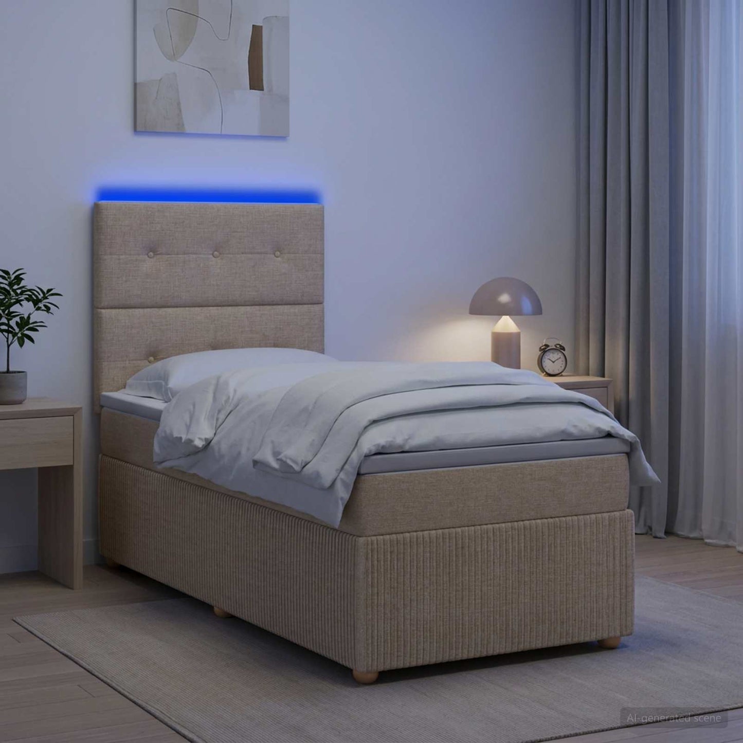 LED Boxspring Ágy Mattal Krémszínű 90 x 190 cm Szövet