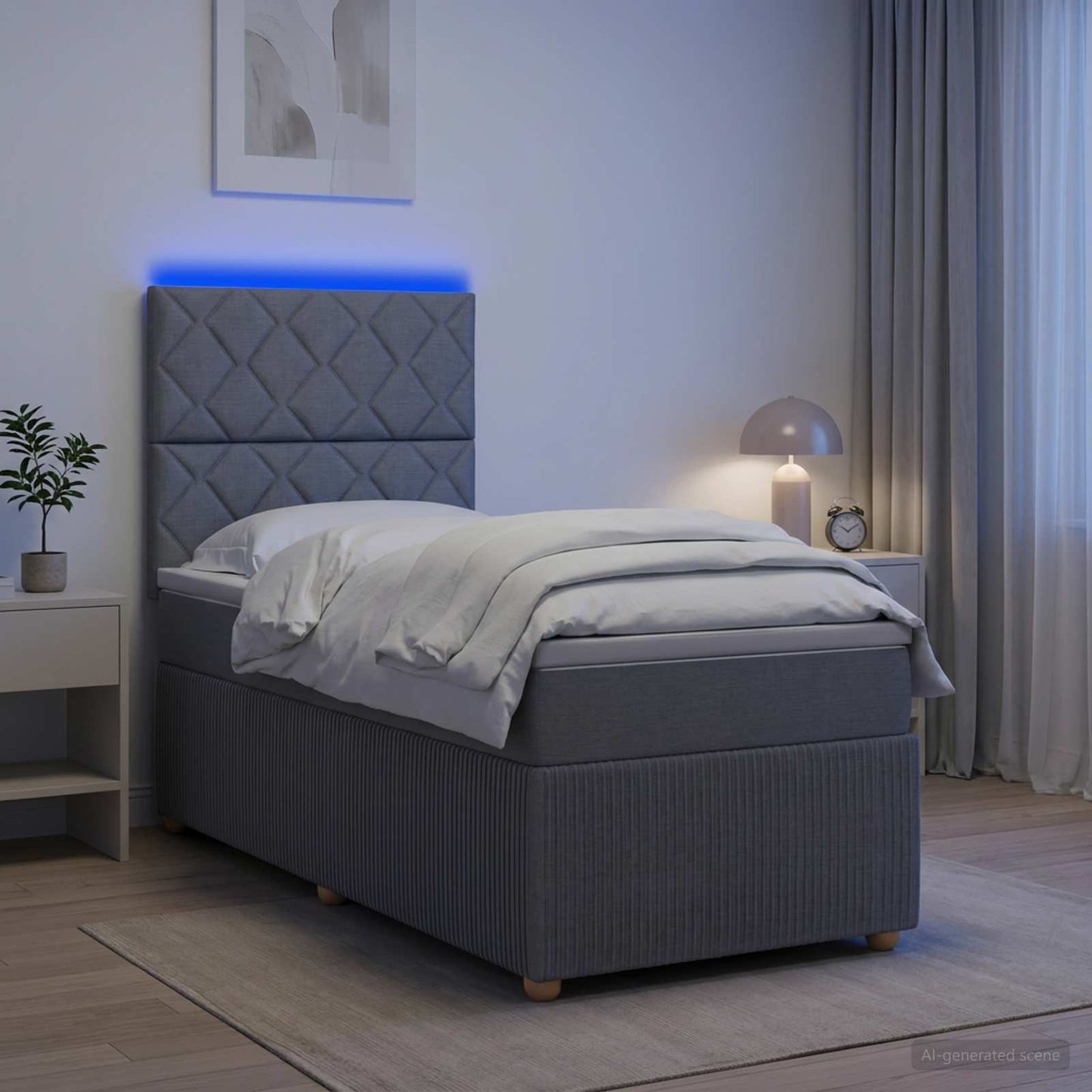 LED Boxspring Ágy Mattal Világosszürke 90 x 190 cm Szövet
