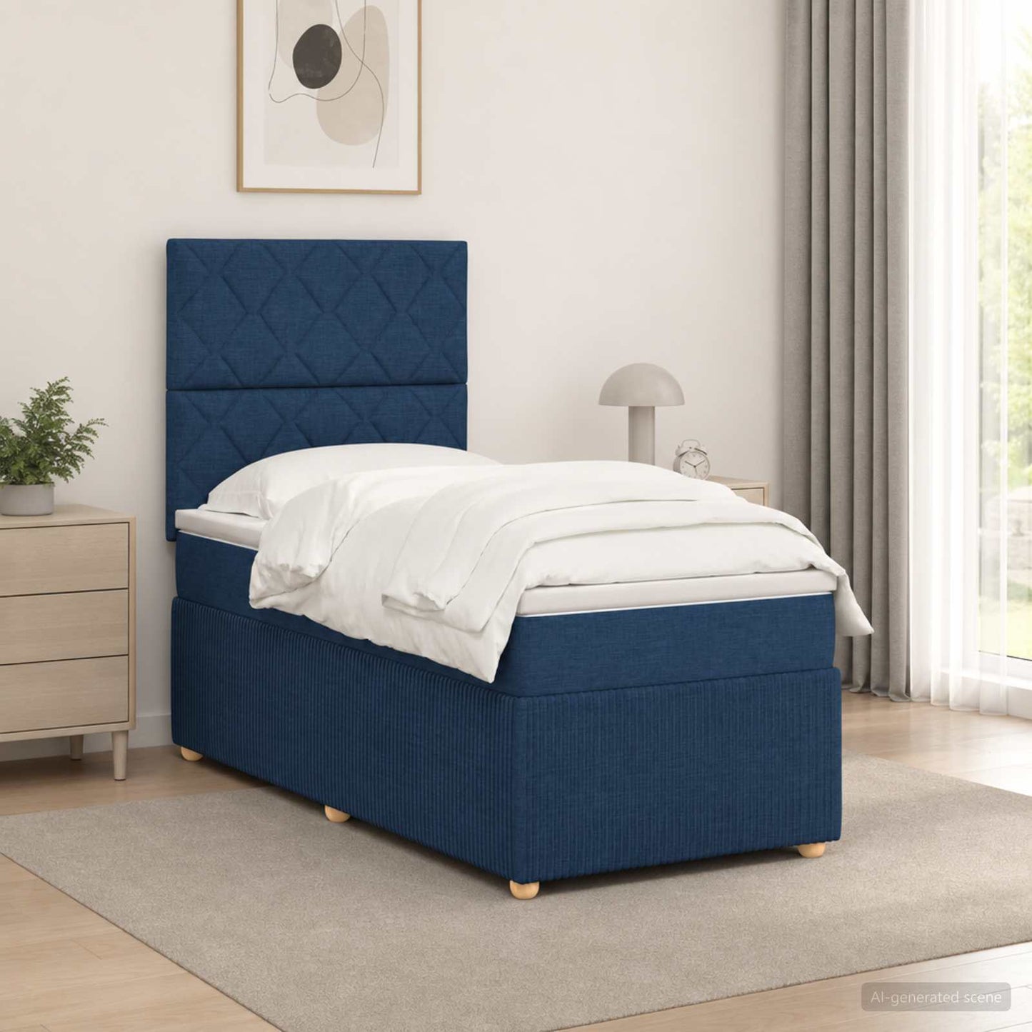 LED Boxspring Ágy Mattal fejtámlával Kék 100 x 200 cm Szövet