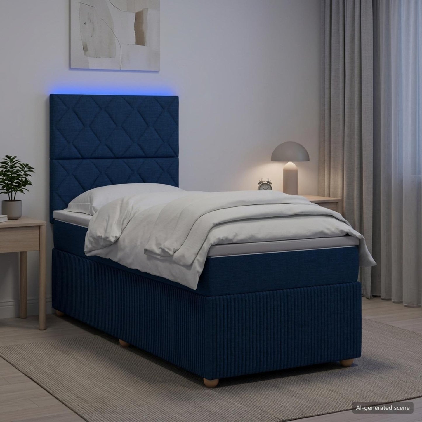 LED Boxspring Ágy Mattal fejtámlával Kék 100 x 200 cm Szövet