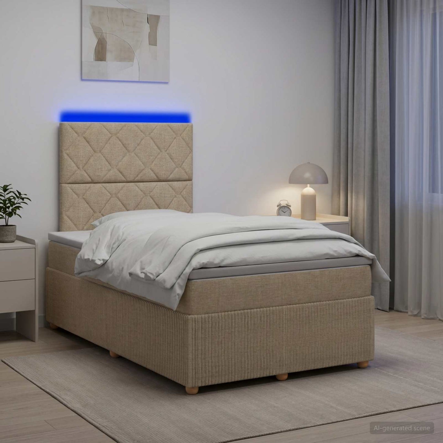 LED Boxspring Ágy Mattal Krémszínű 120 x 190 cm Szövet